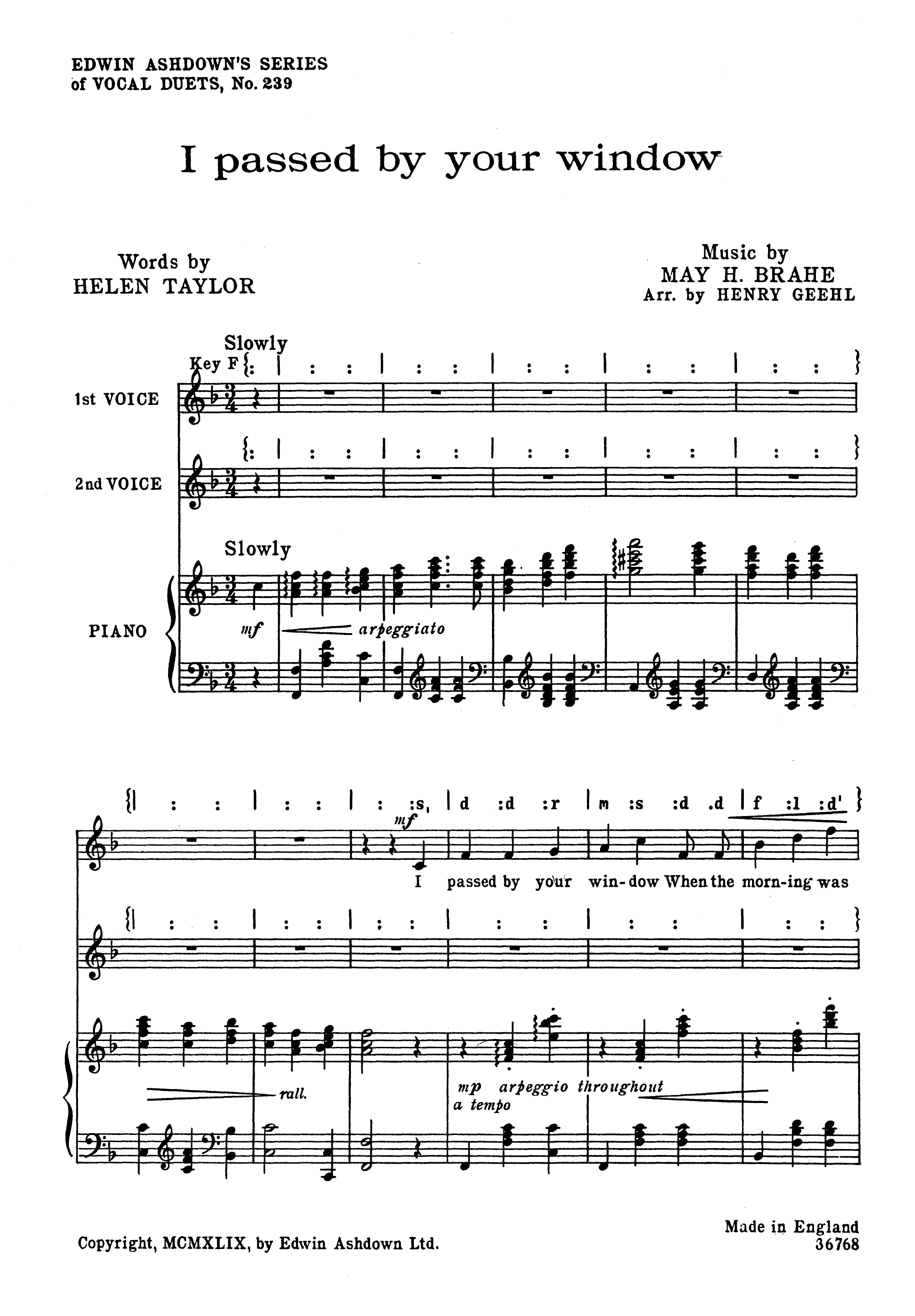 May H. Brahe: I Passed By Your Window: 2-Part Choir: Vocal Score