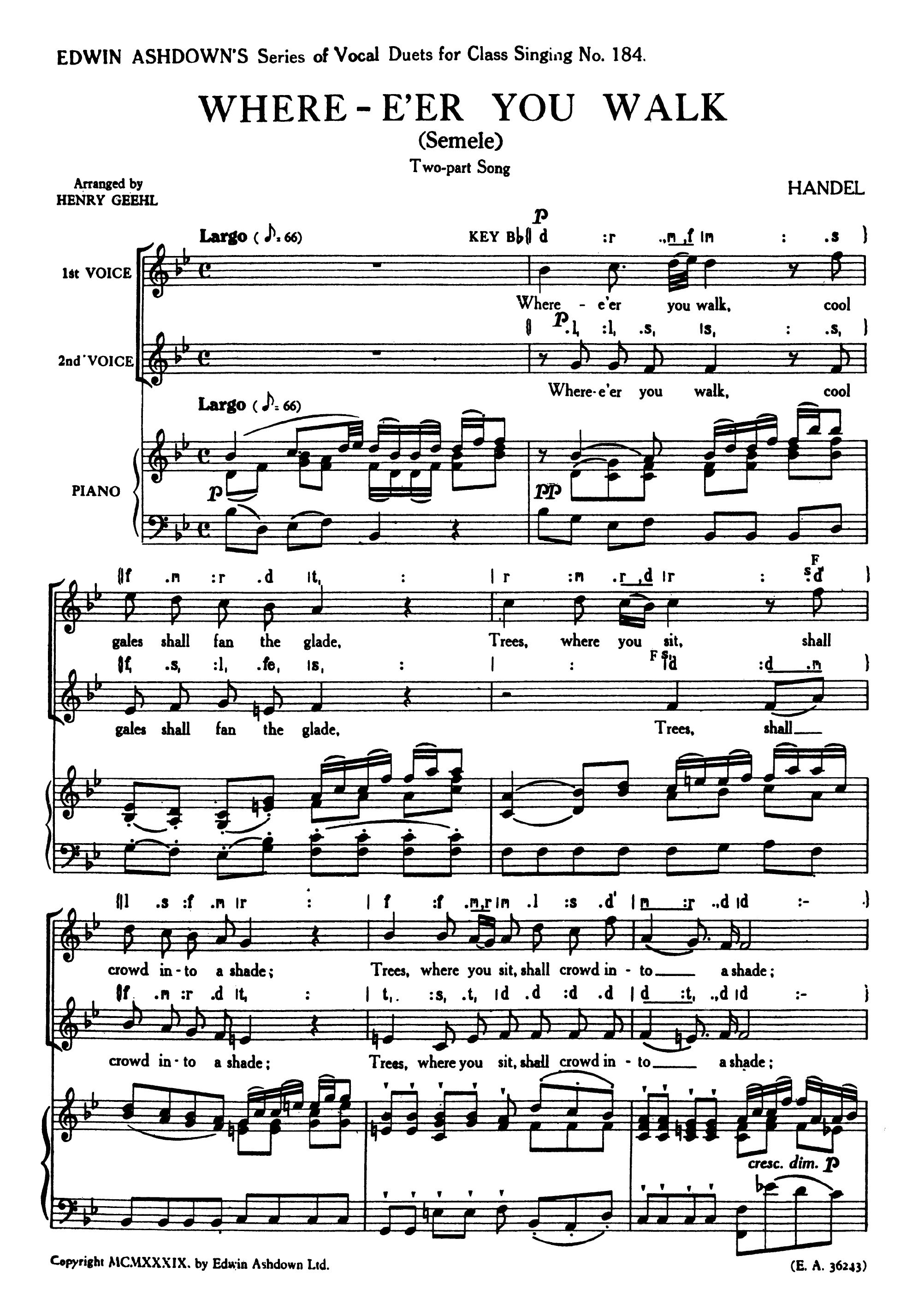 Georg Friedrich Händel: WhereEr You Walk: 2-Part Choir
