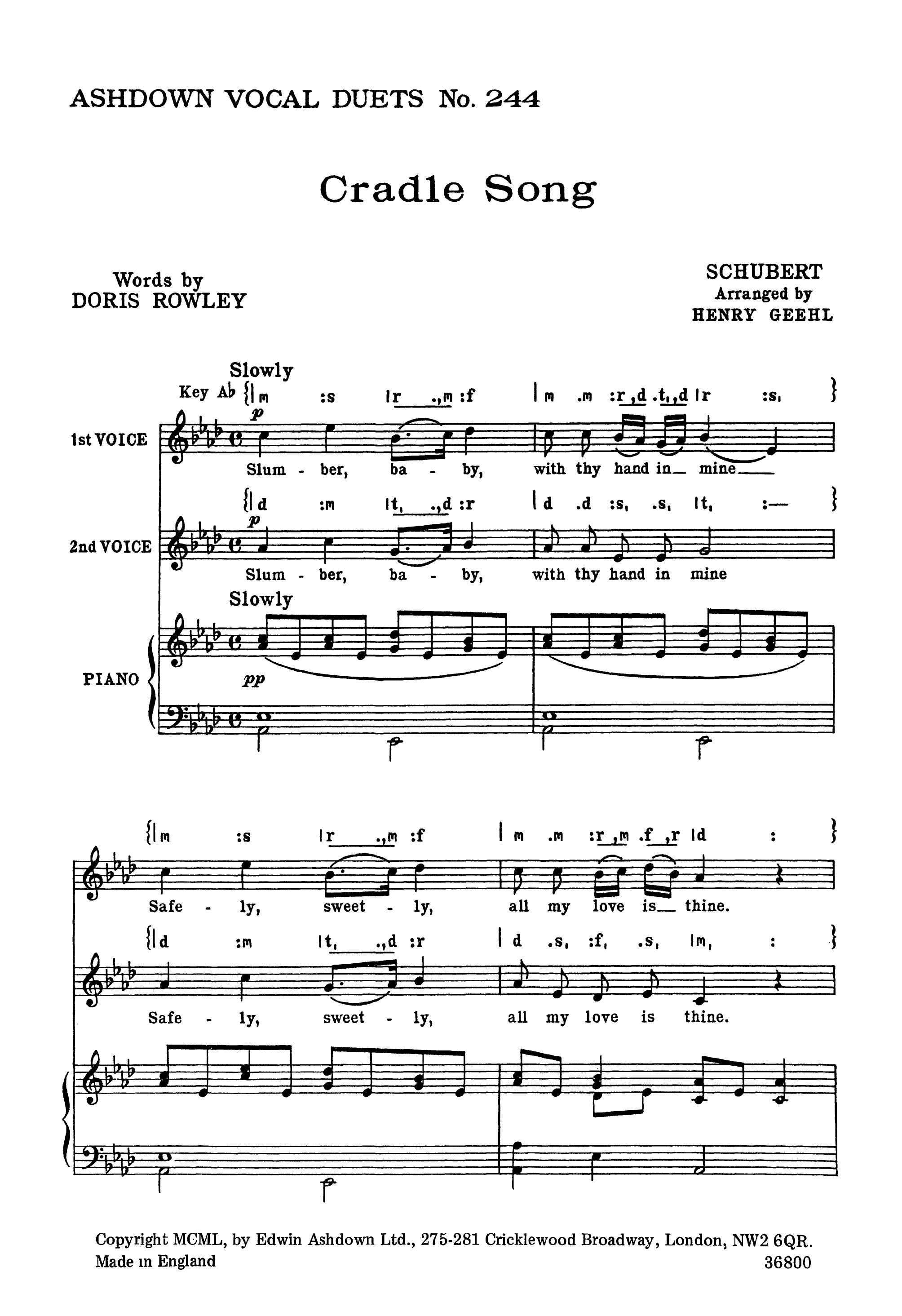 Franz Schubert: Cradle Song: 2-Part Choir