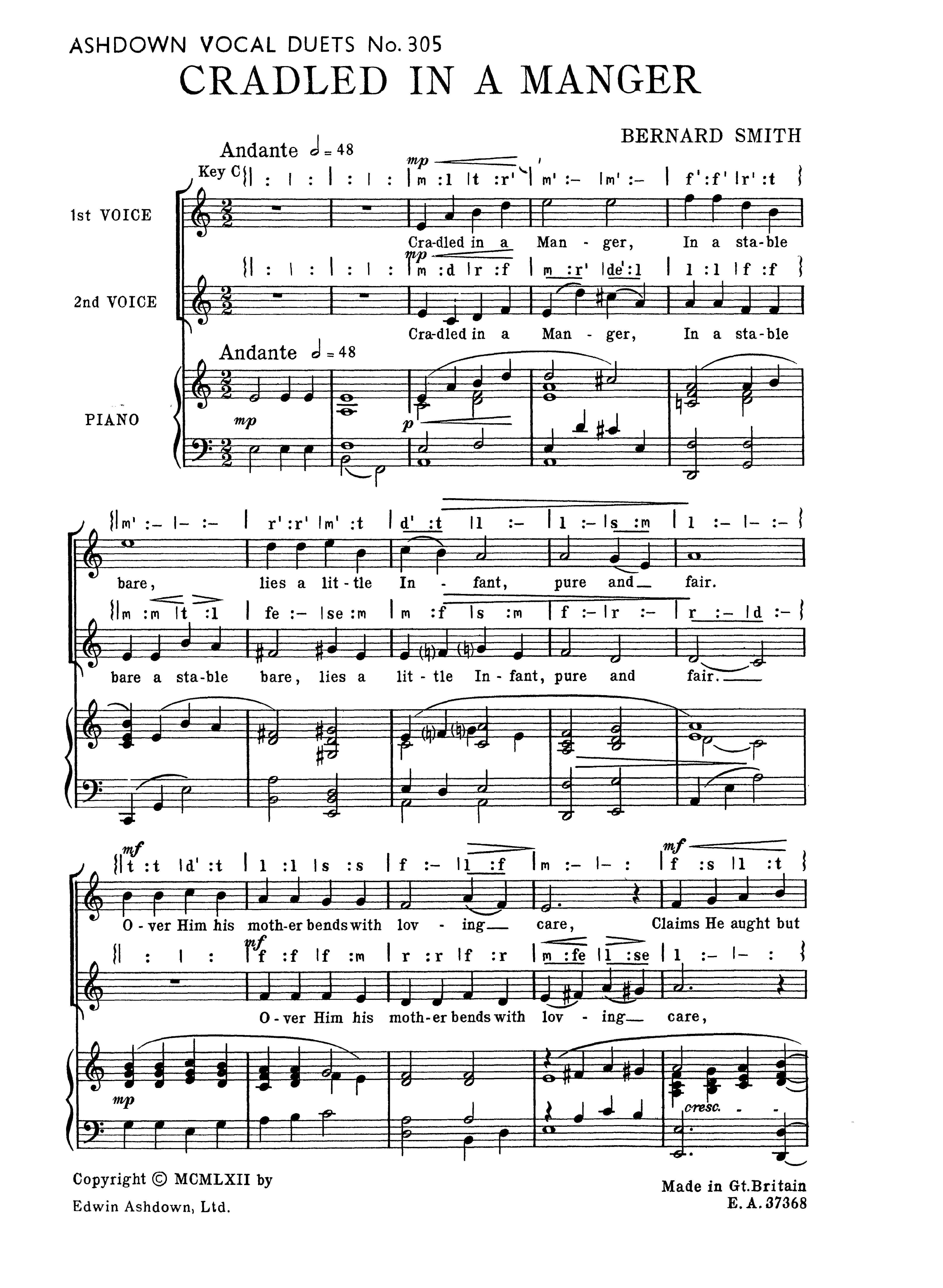 Bernard Smith: Cradled In A Manger: 2-Part Choir: Vocal Score