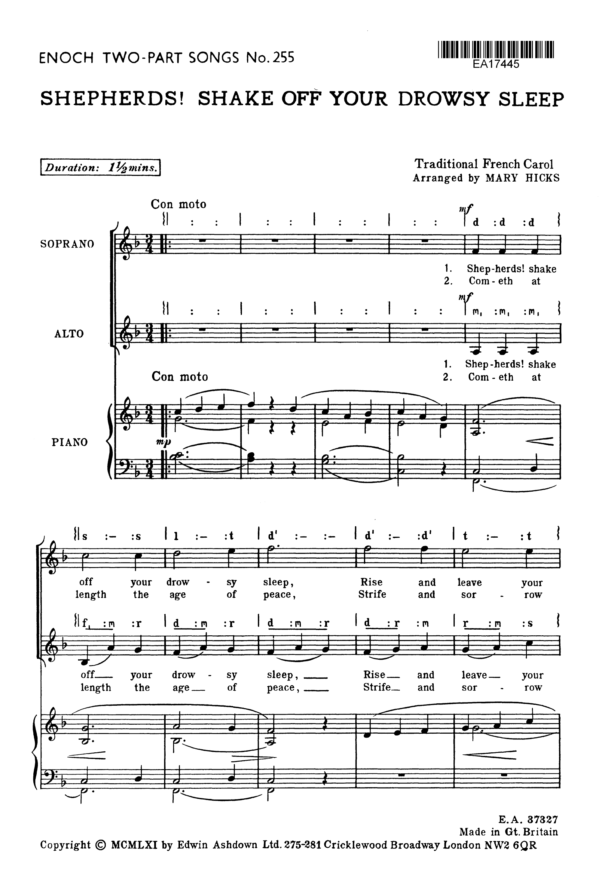 M. Hicks: Shepherds! Shake Off Your Drowsy Sleep: 2-Part Choir