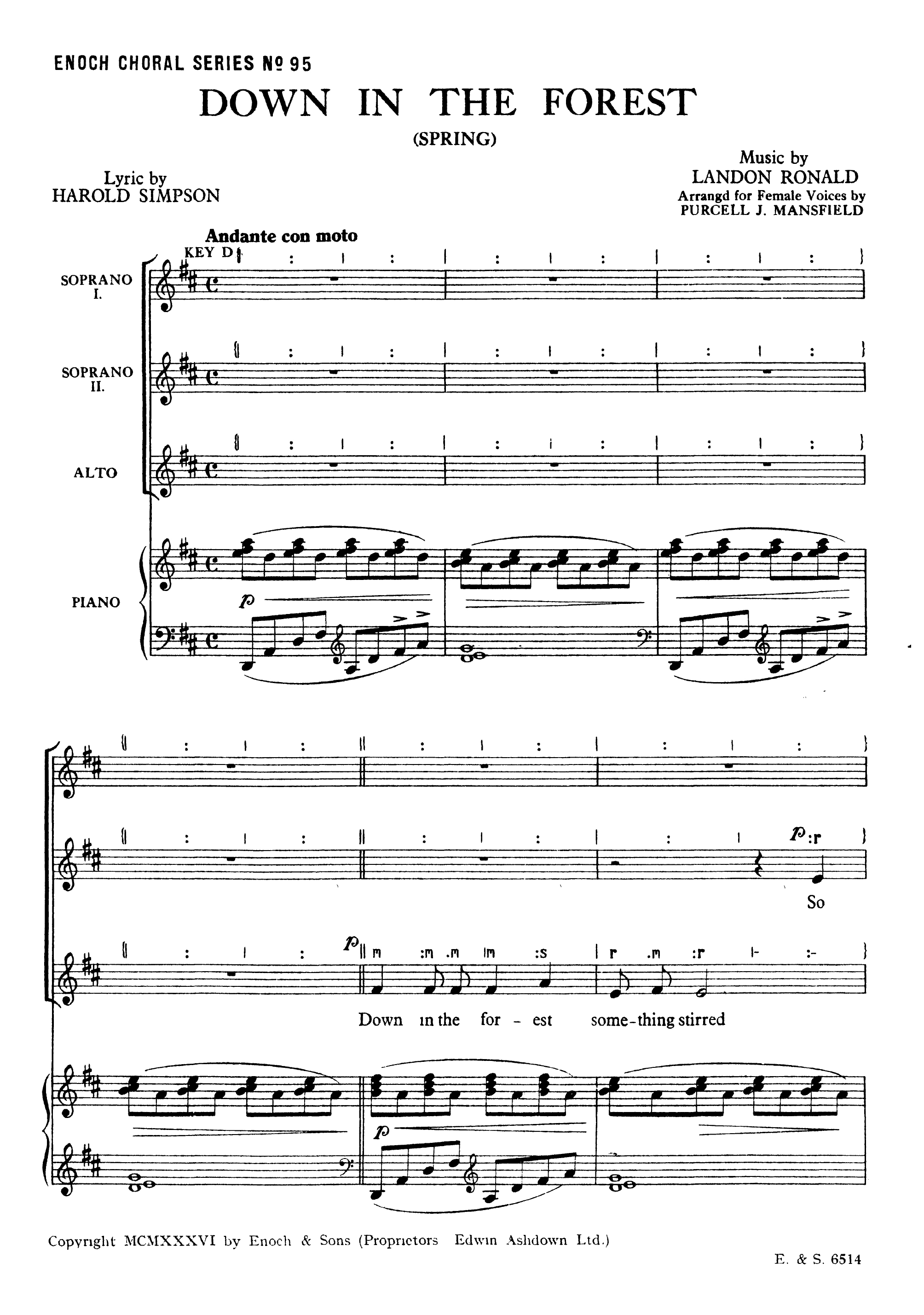 Landon Ronald: Down In The Forest: SSA: Vocal Score