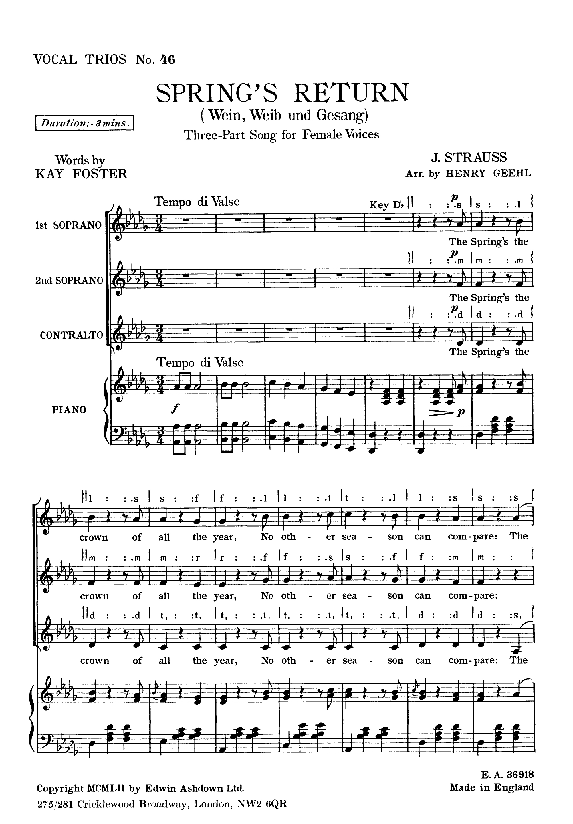 Johann Strauss: Springs Return: SSA: Vocal Score
