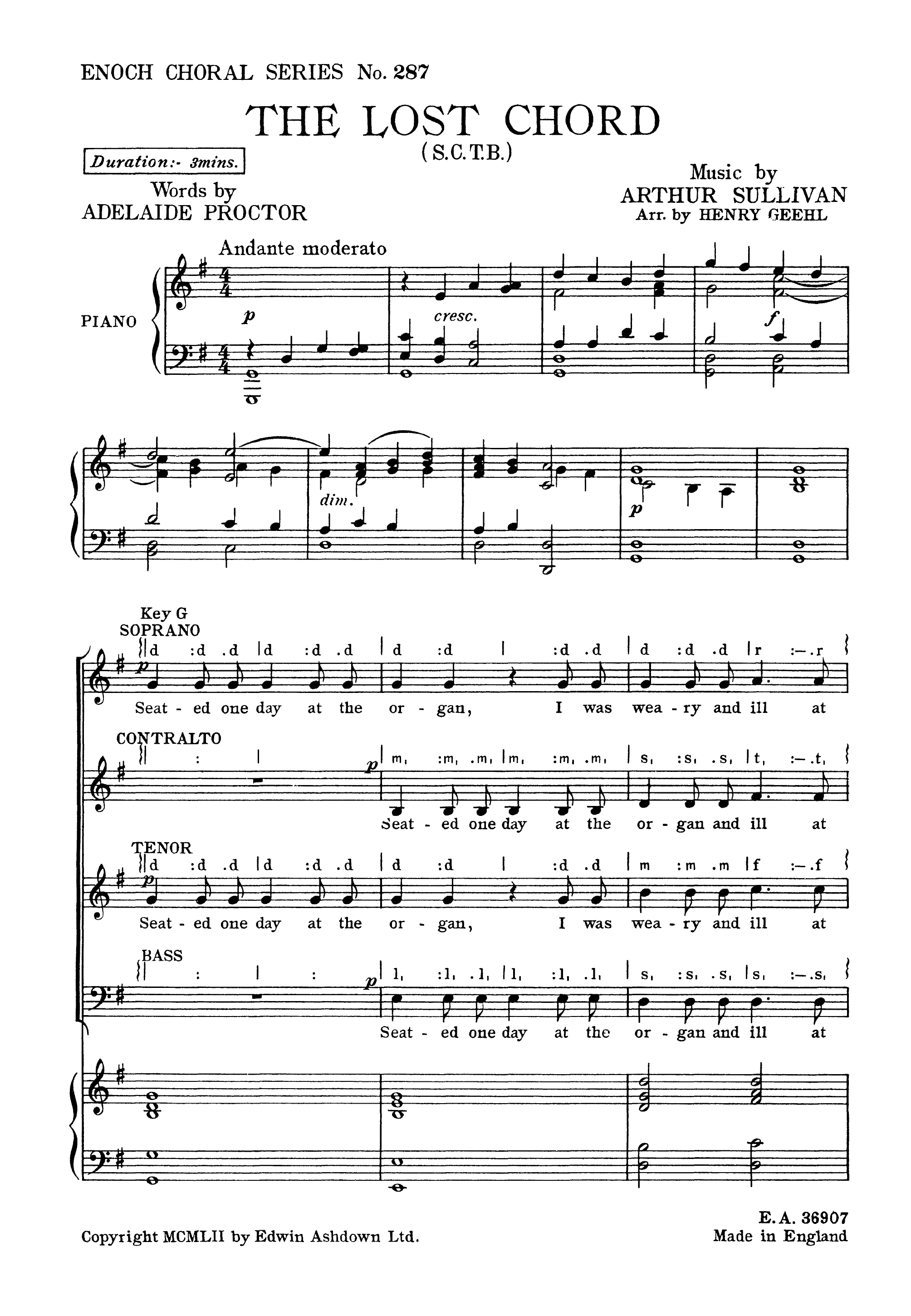 Arthur Seymour Sullivan: The Lost Chord: SATB: Vocal Score