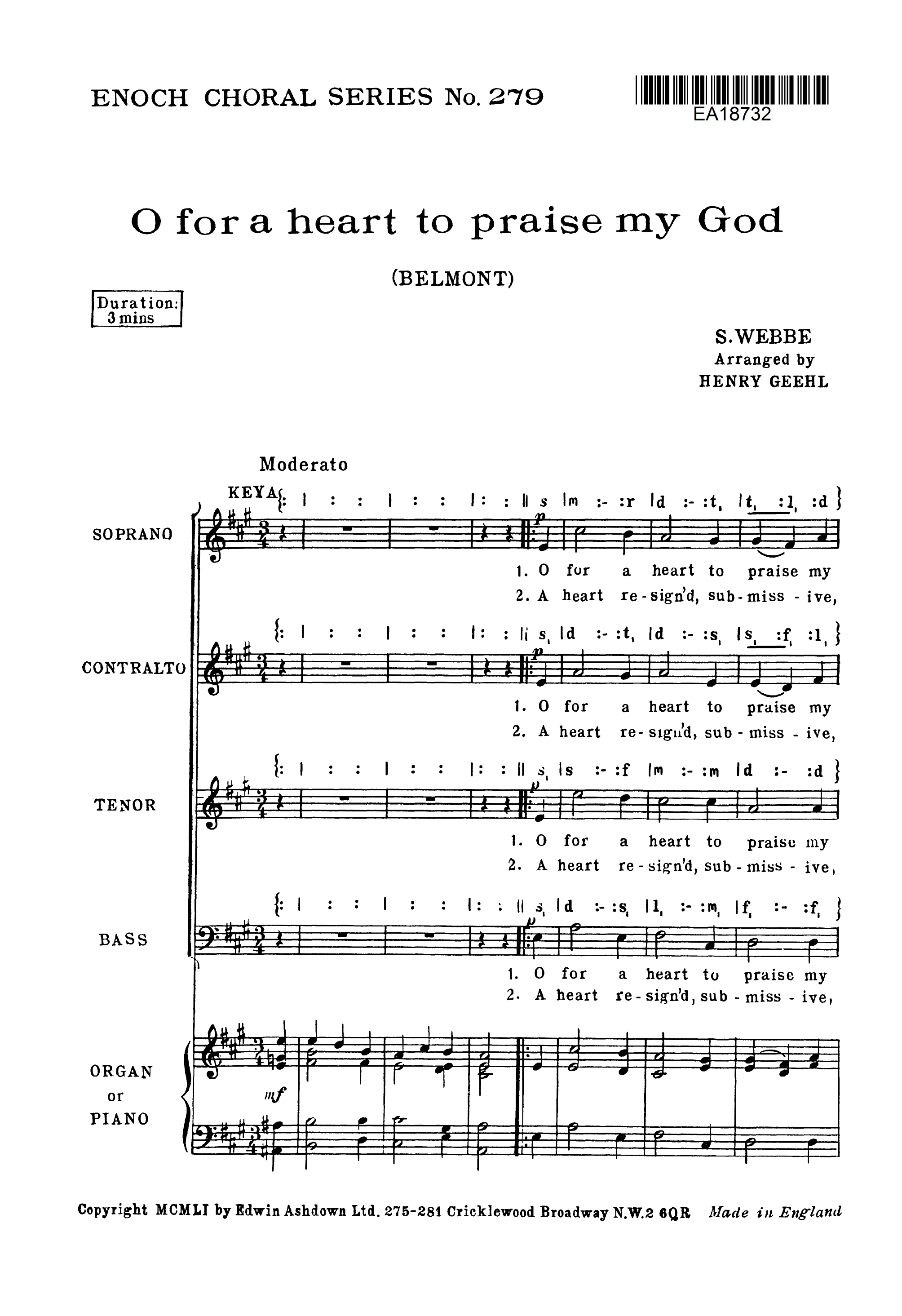 S. Webbe: O For A Heart To Praise My God: SATB