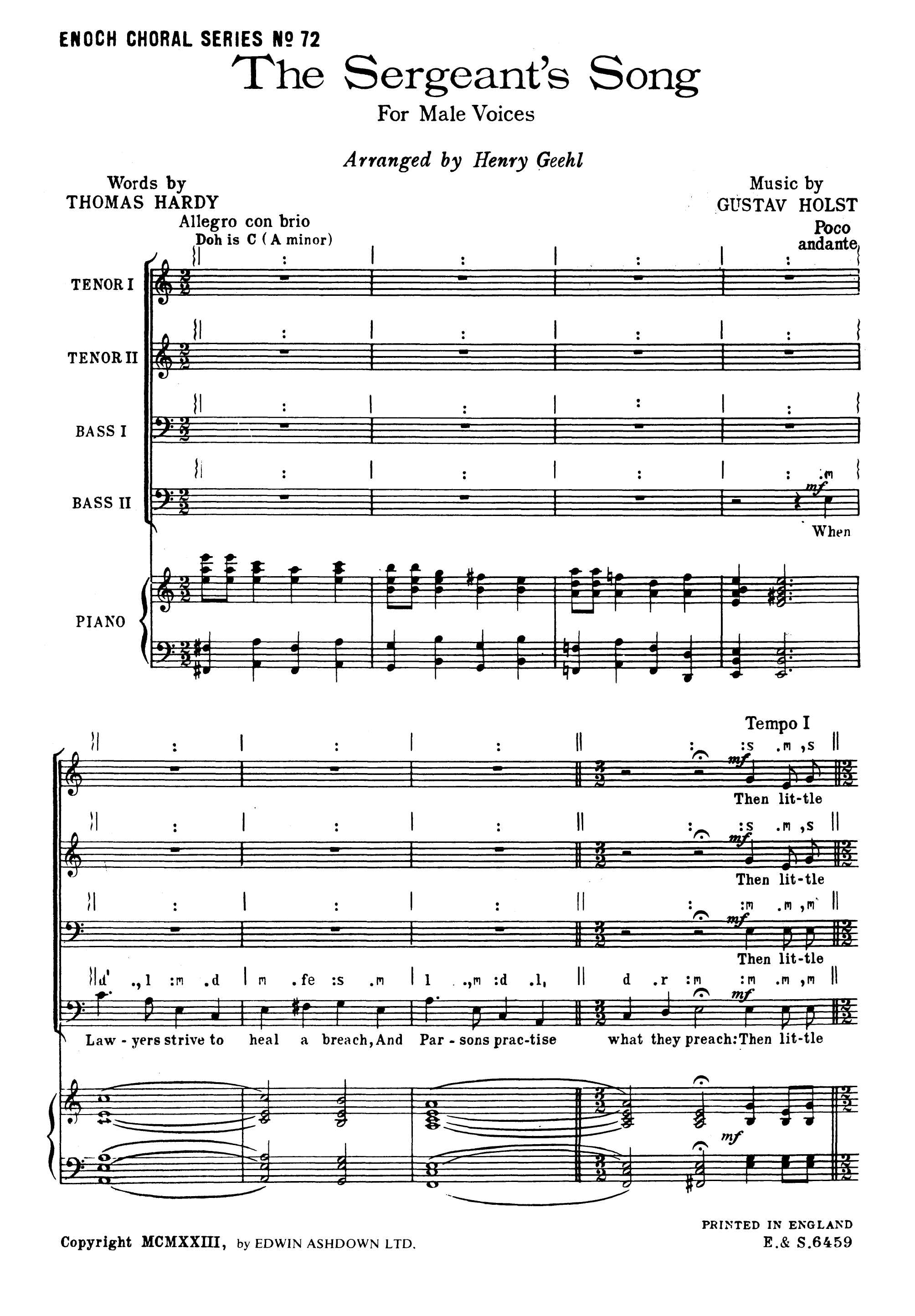 Gustav Holst: The Sergeants Song: TTBB: Score