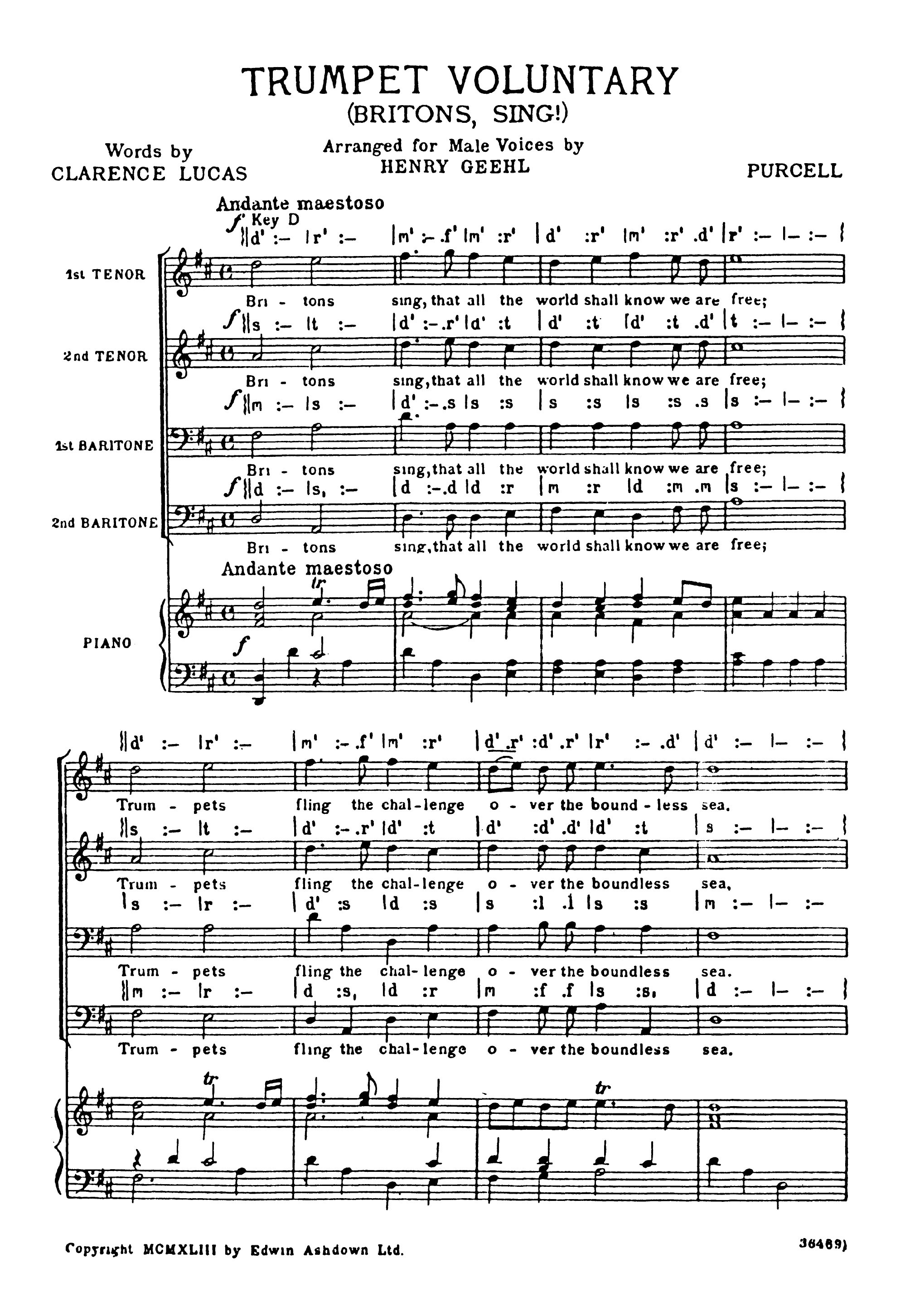 Henry Purcell: Trumpet Voluntary: TTBB: Vocal Score