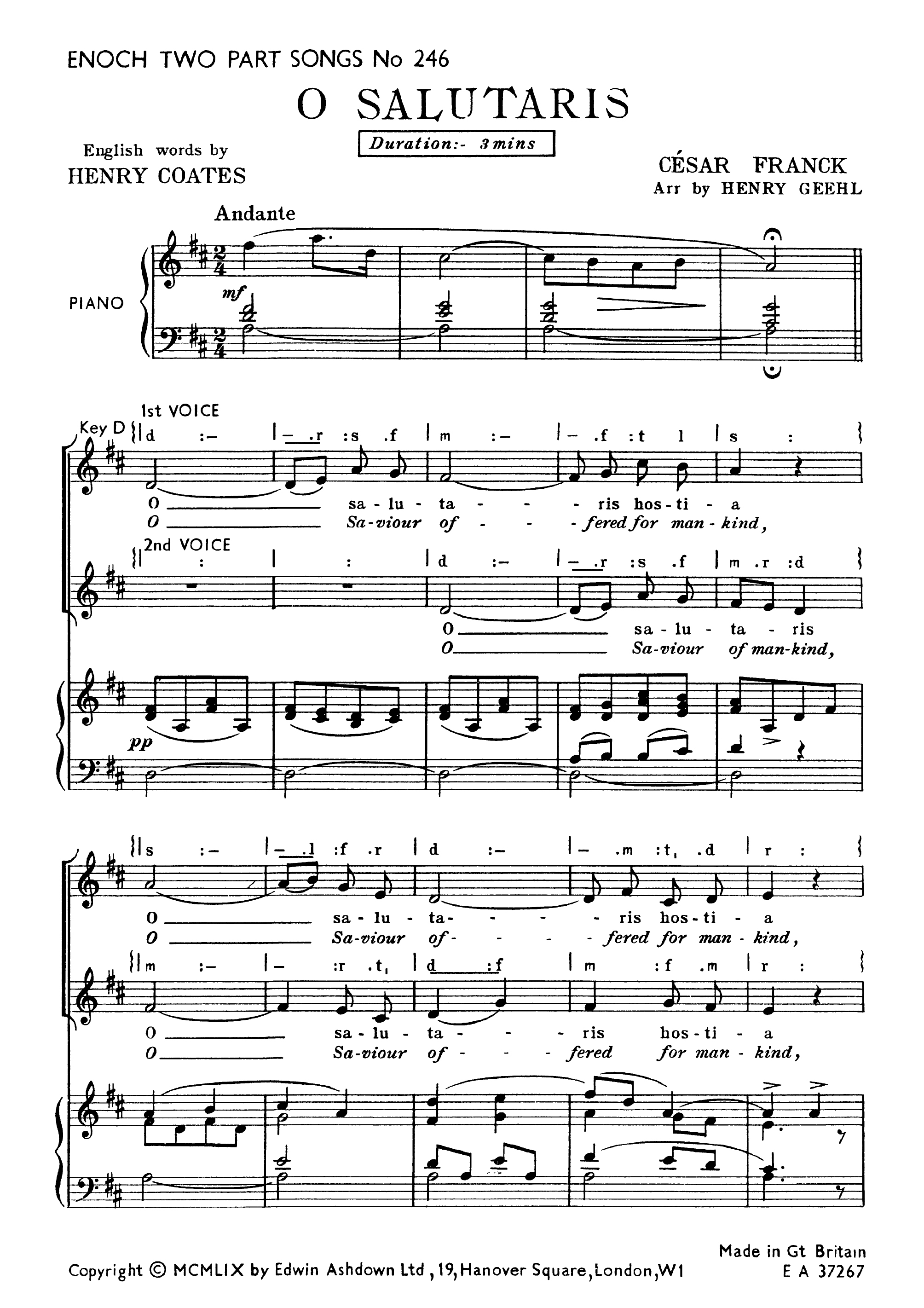 Csar Franck: O Salutaris Hostia: 2-Part Choir: Vocal Score