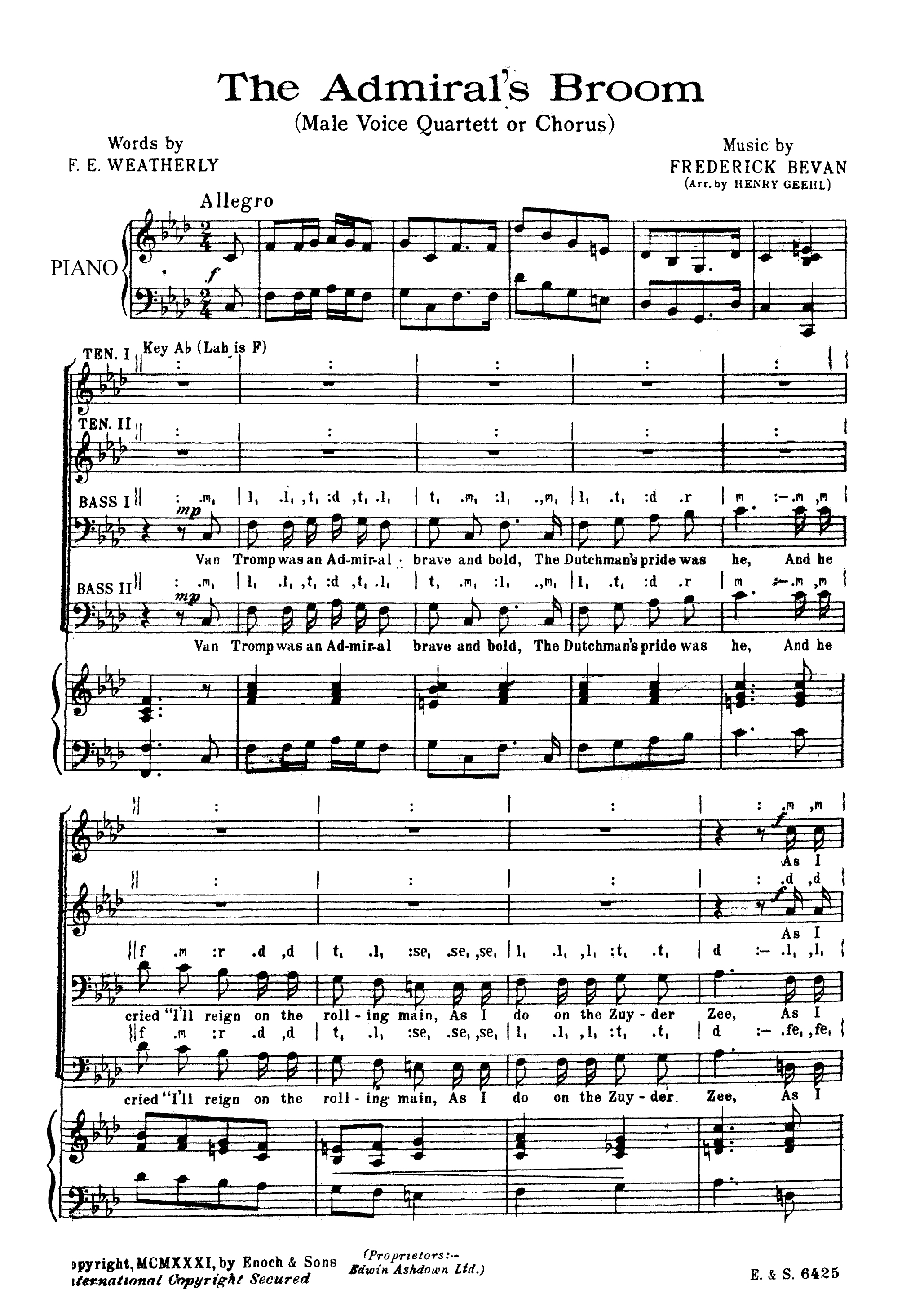 Frederick Bevan: The Admirals Broom: TTBB: Vocal Score