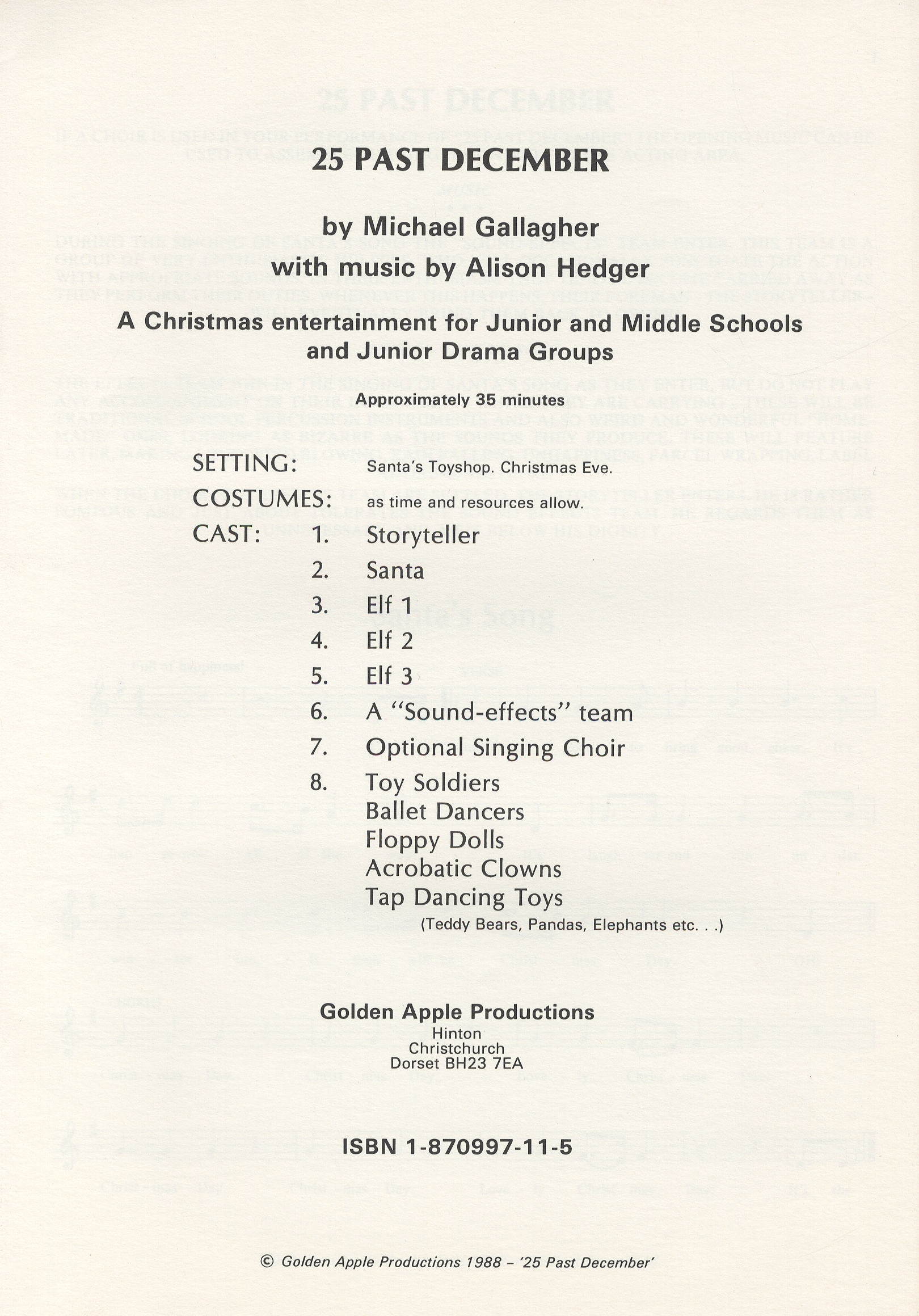 Alison Hedger Michael Gallagher: 25 Past December: Piano  Vocal  Guitar: Script