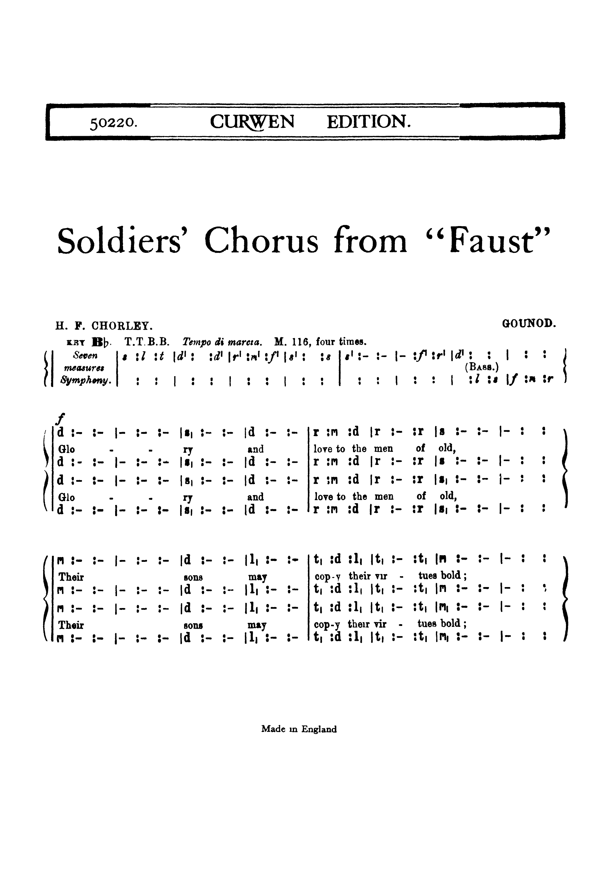 Charles Gounod: The Soldiers Chorus From Faust: TTBB: Vocal Score