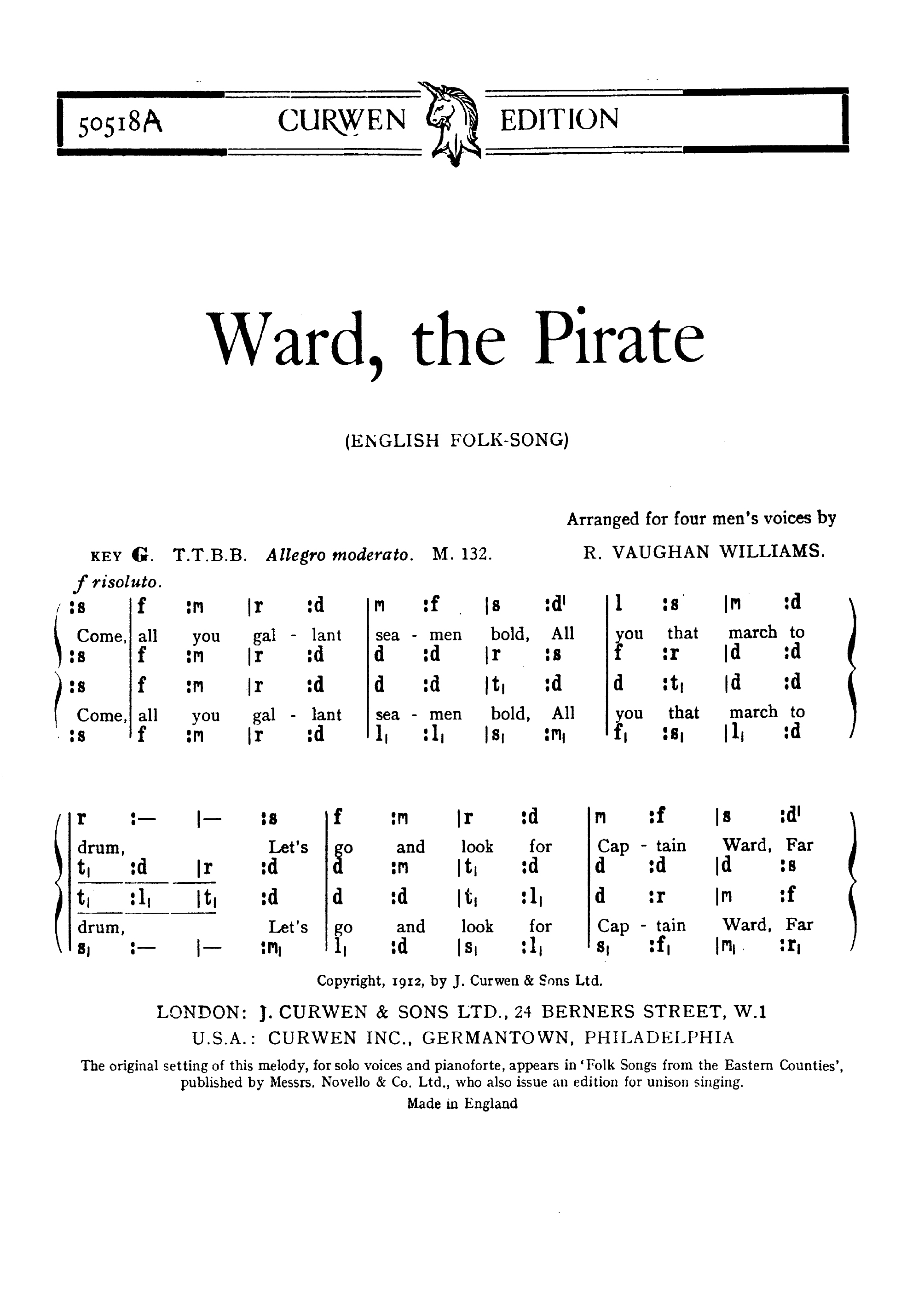 Ralph Vaughan Williams: Ward The Pirate: TTBB: Vocal Score
