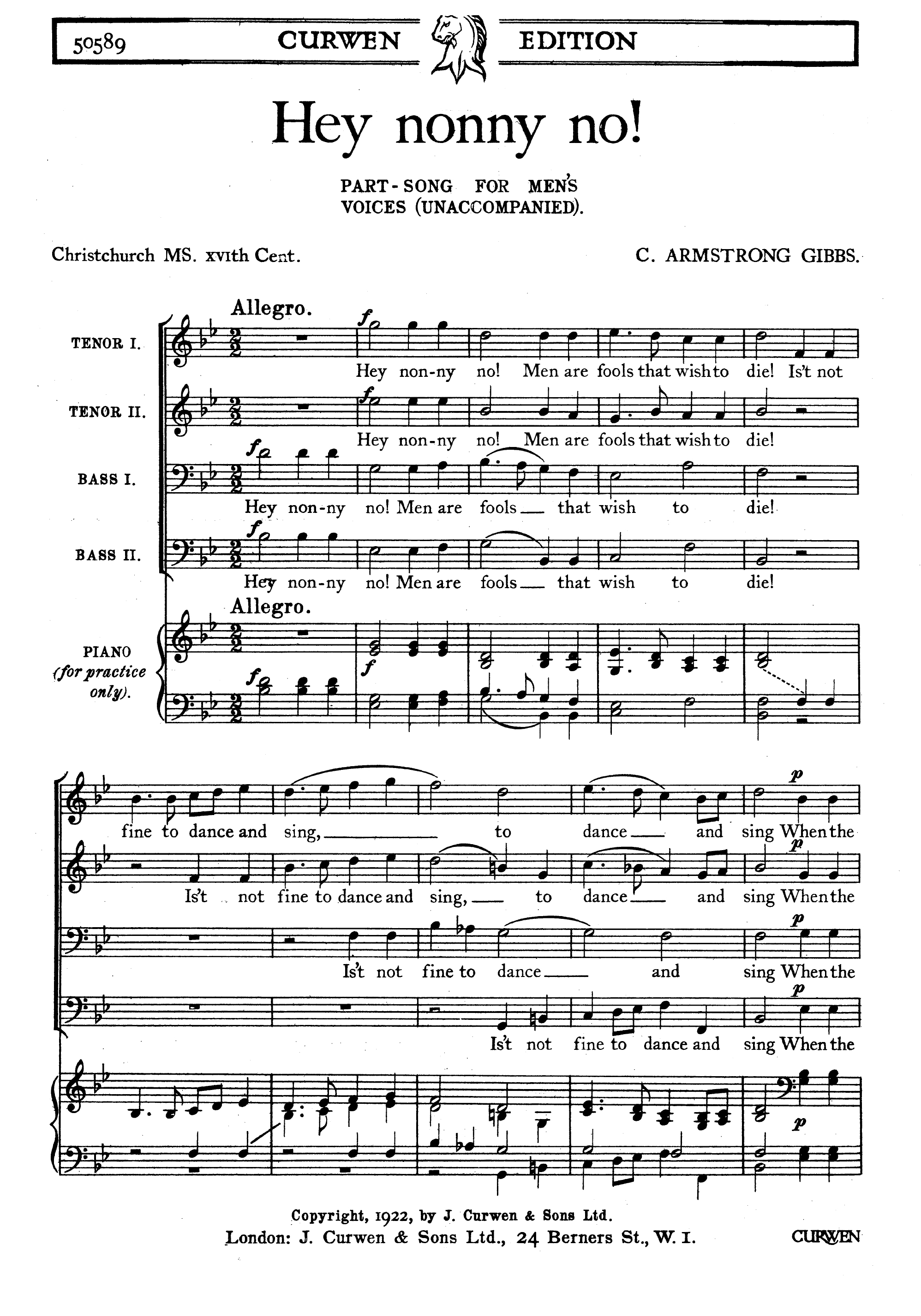 Cecil Armstrong Gibbs: Hey Nonny No!: TTBB: Vocal Score