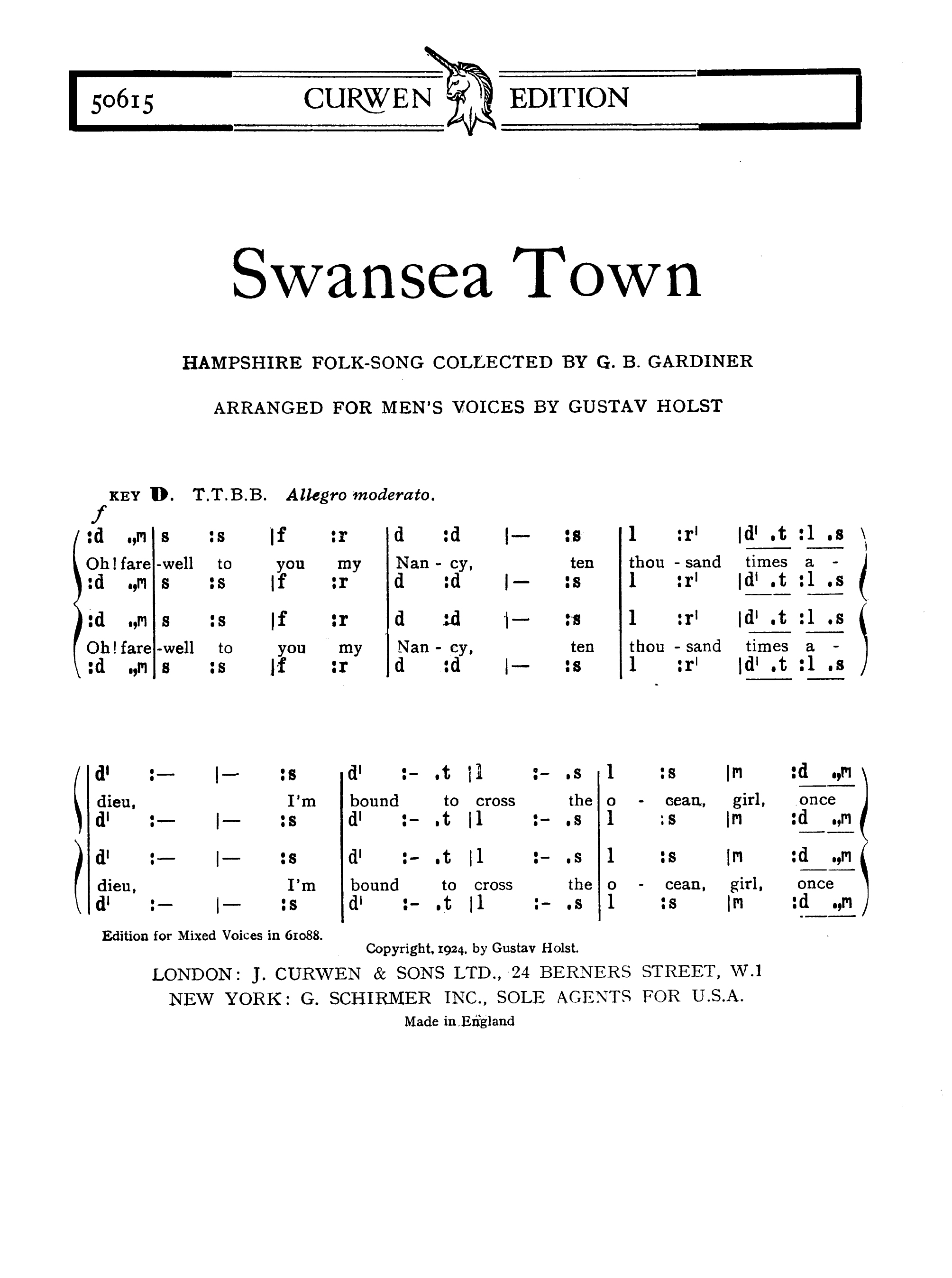 Gustav Holst: Swansea Town: TTBB: Vocal Score