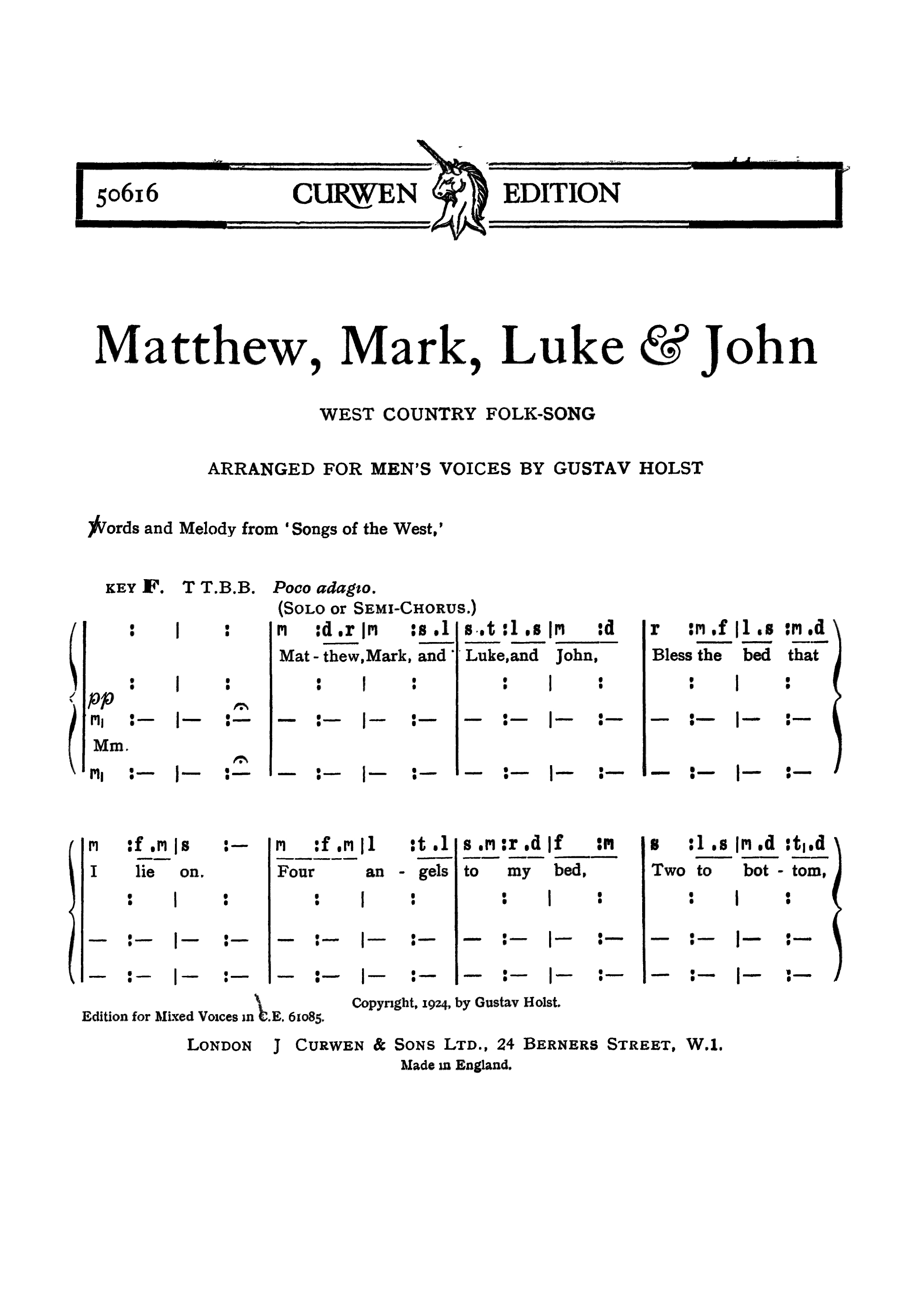 Gustav Holst: Matthew  Mark  Luke & John: TTBB: Vocal Score