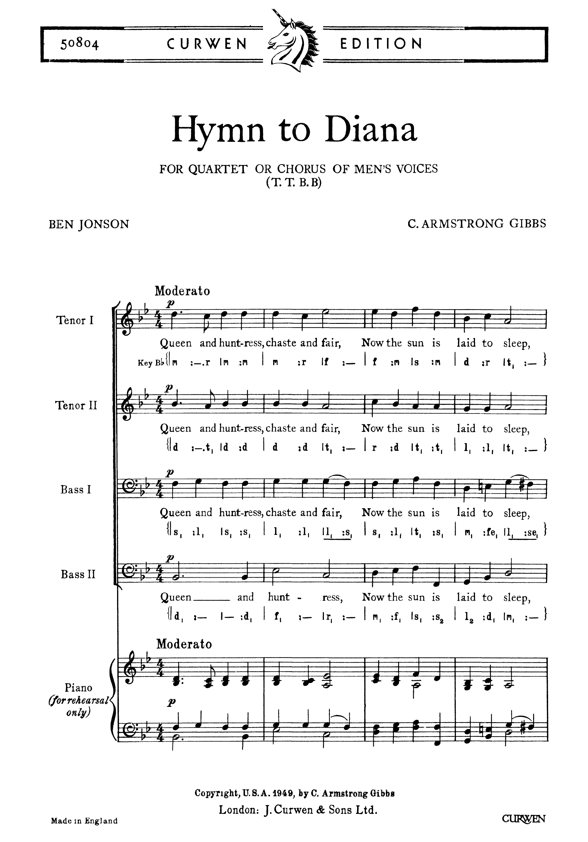 Cecil Armstrong Gibbs: Hymn To Diana: TTBB: Vocal Score