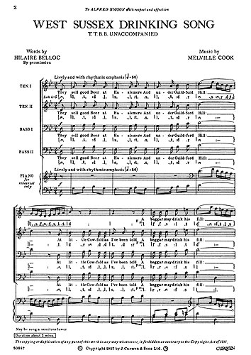 M. Cook: West Sussex Drinking Song: TTBB: Vocal Score