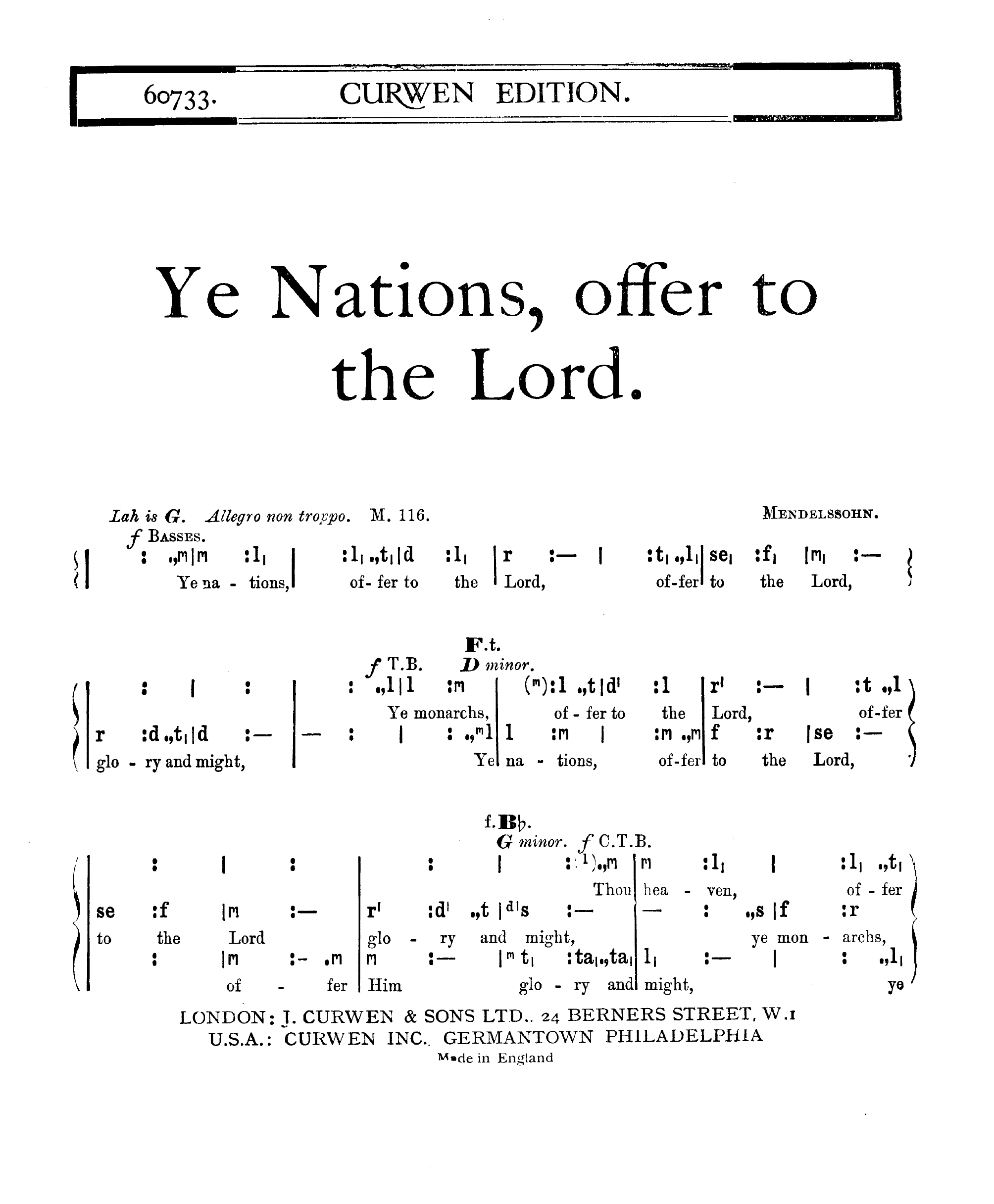 Felix Mendelssohn Bartholdy: Ye Nations  Offer To The Lord: SATB