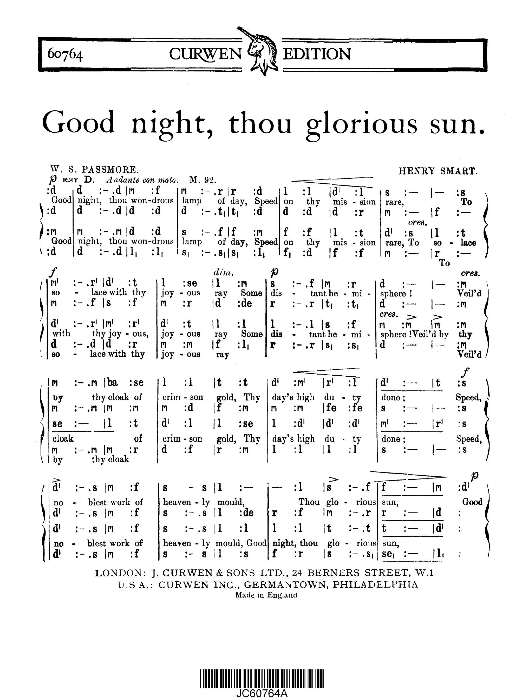 Henry Smart: Good Night  Thou Glorious Sun: SATB: Vocal Score