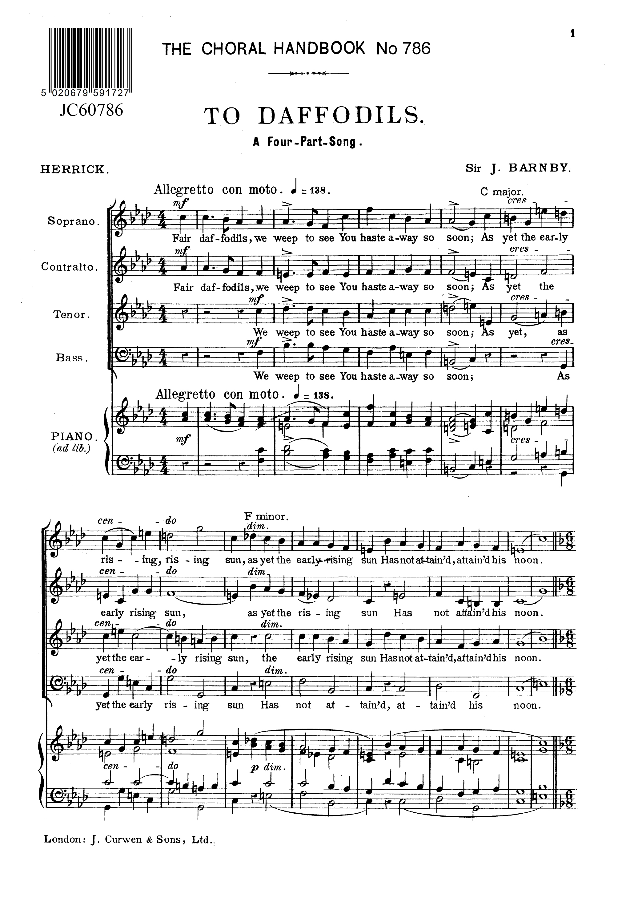 Joseph Barnby: To Daffodils: SATB: Vocal Score