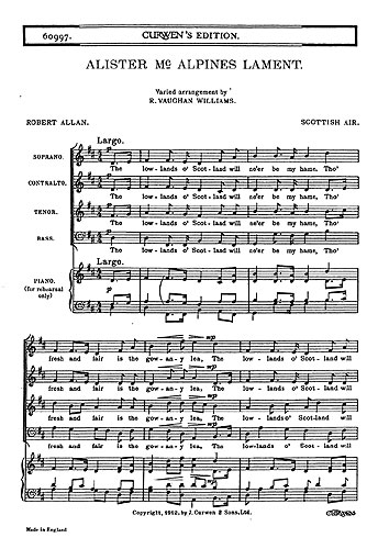 Ralph Vaughan Williams: Alister McAlpine\'s Lament: SATB: Vocal Score