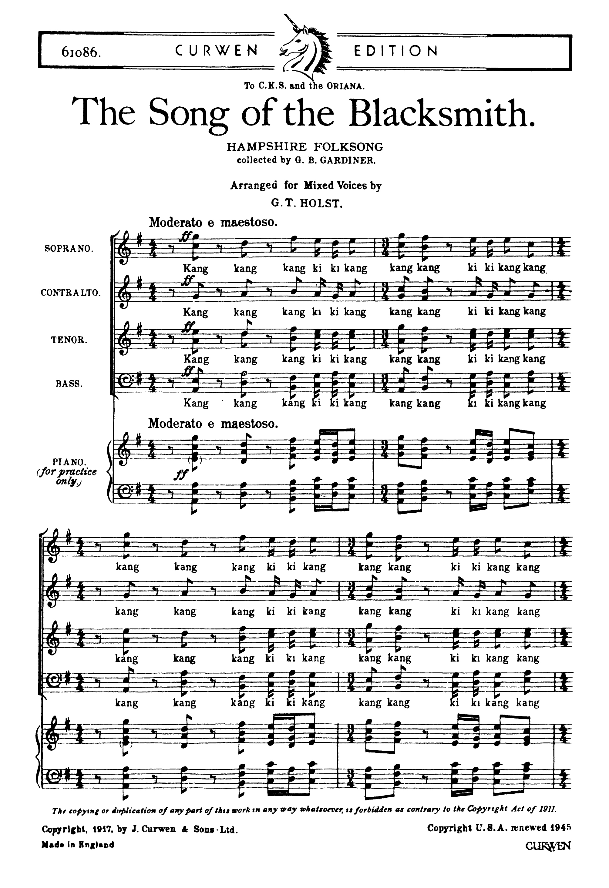 Gustav Holst: The Song Of The Blacksmith: SATB: Vocal Score