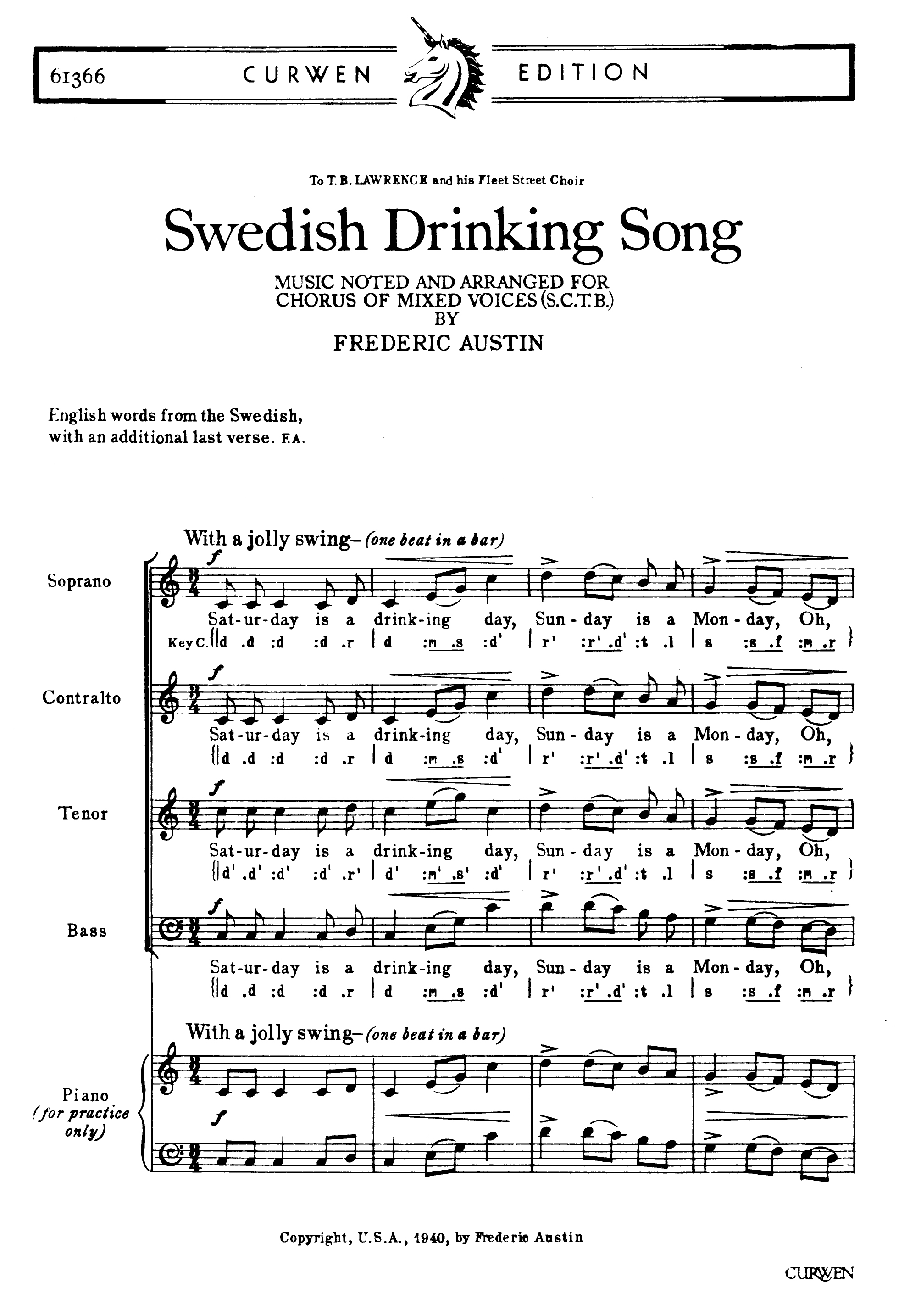 Swedish Drinking Song: SATB
