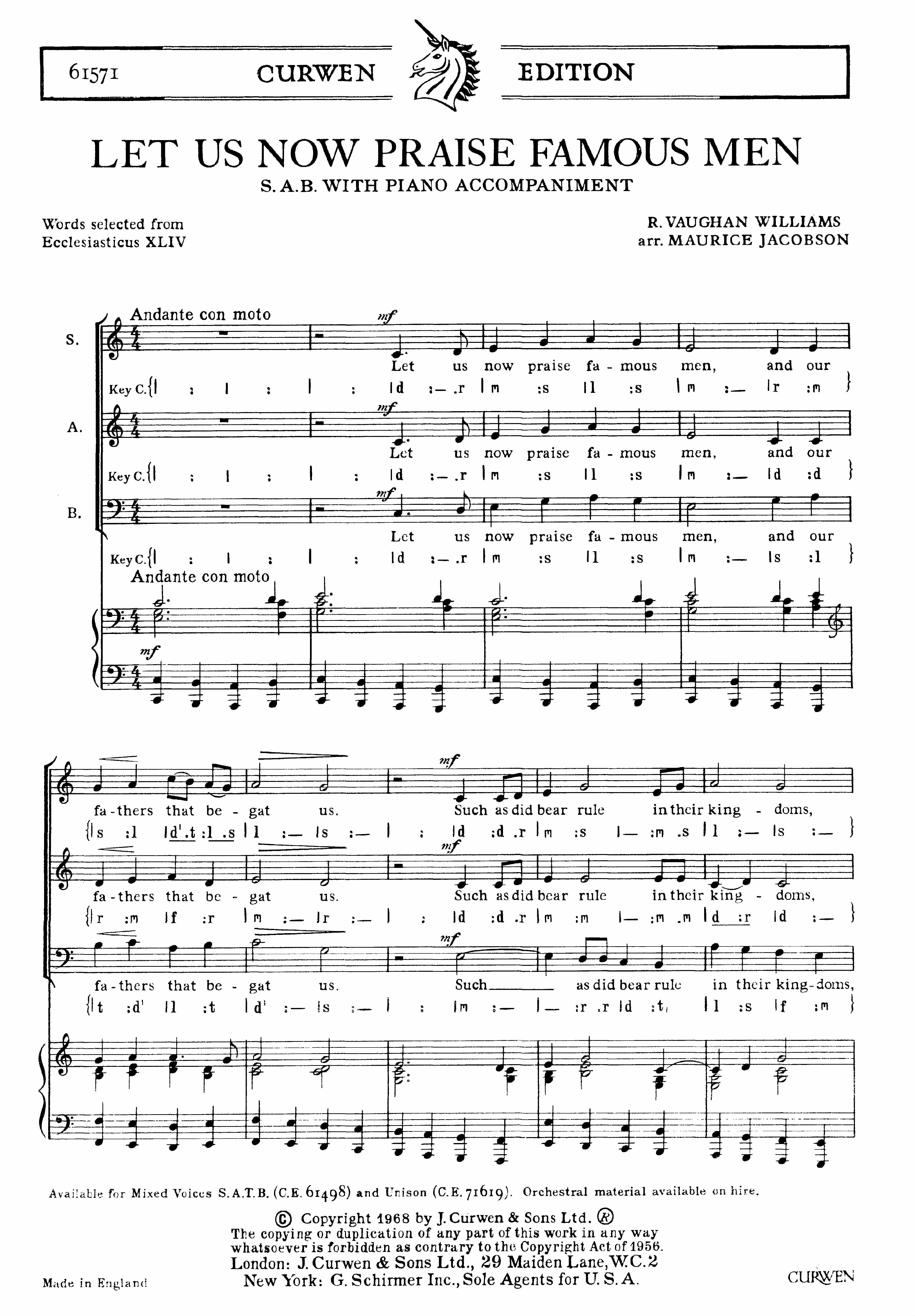 Ralph Vaughan Williams: Let Us Now Praise Famous Men: SAB: Vocal Score