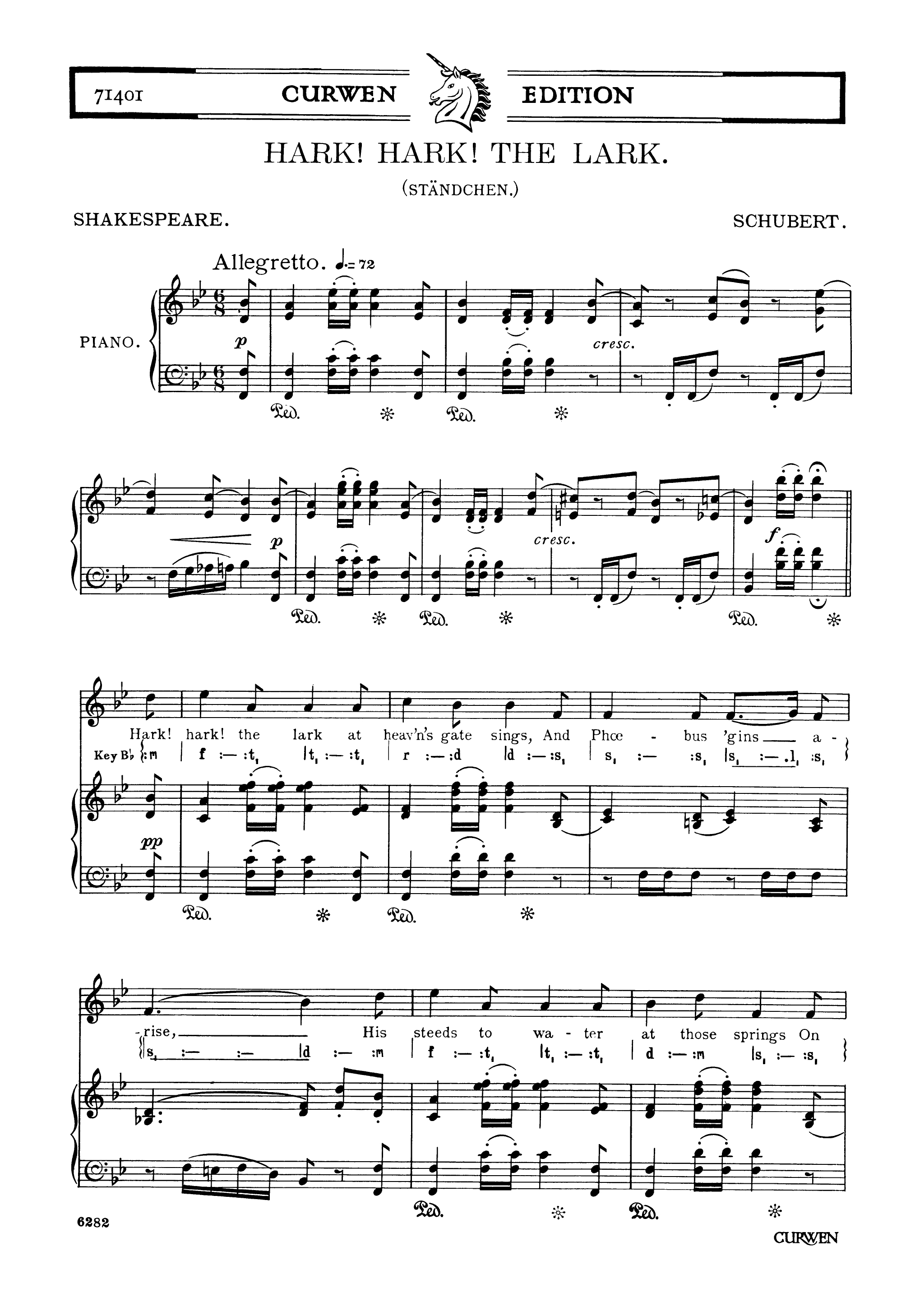 Franz Schubert: Hark! Hark! The Lark: Unison Voices: Vocal Score