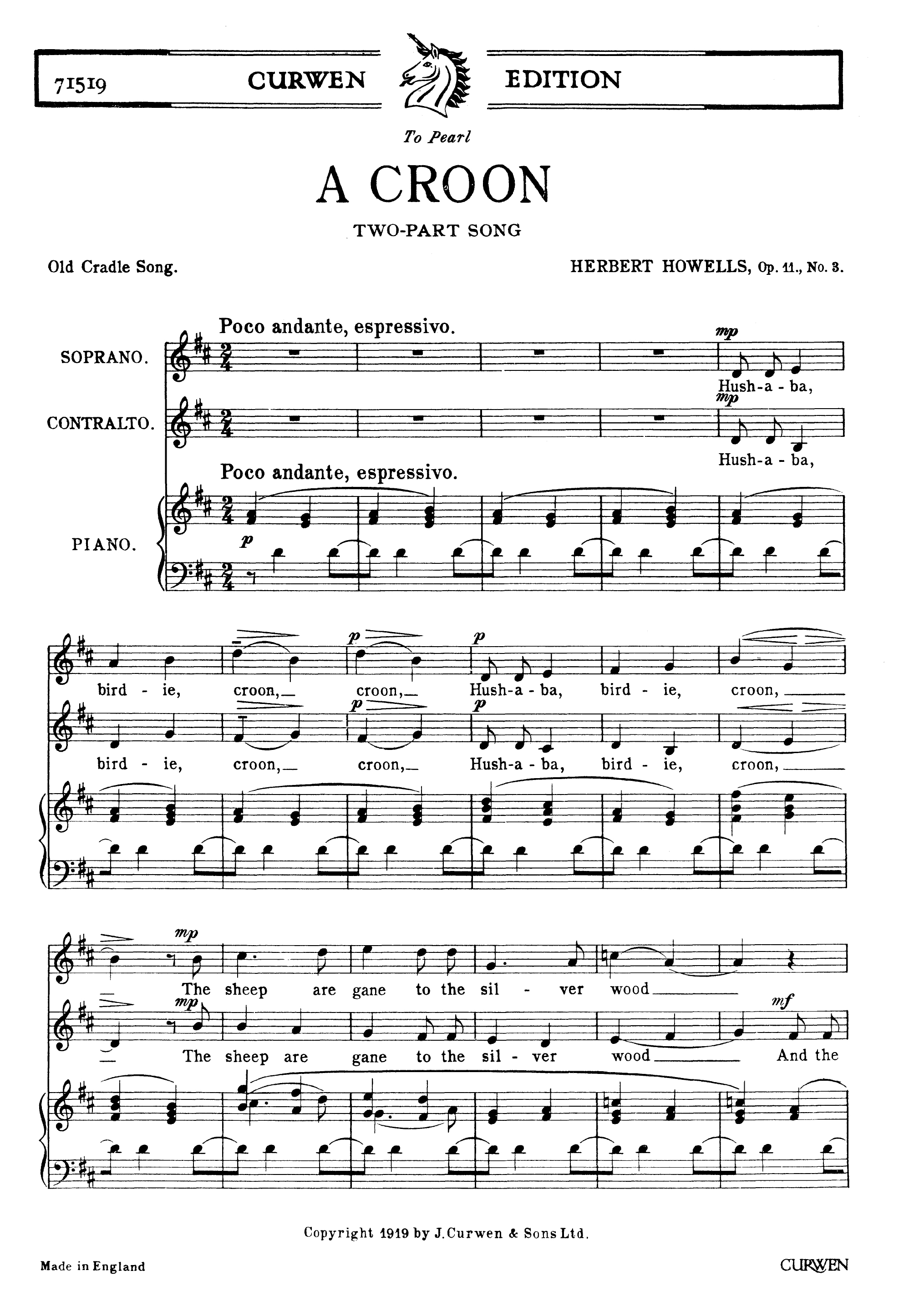 Herbert Howells: A Croon: Unison Voices: Vocal Score