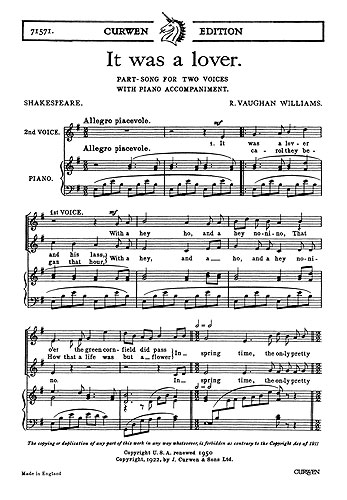 Ralph Vaughan Williams: It Was A Lover: 2-Part Choir: Vocal Score