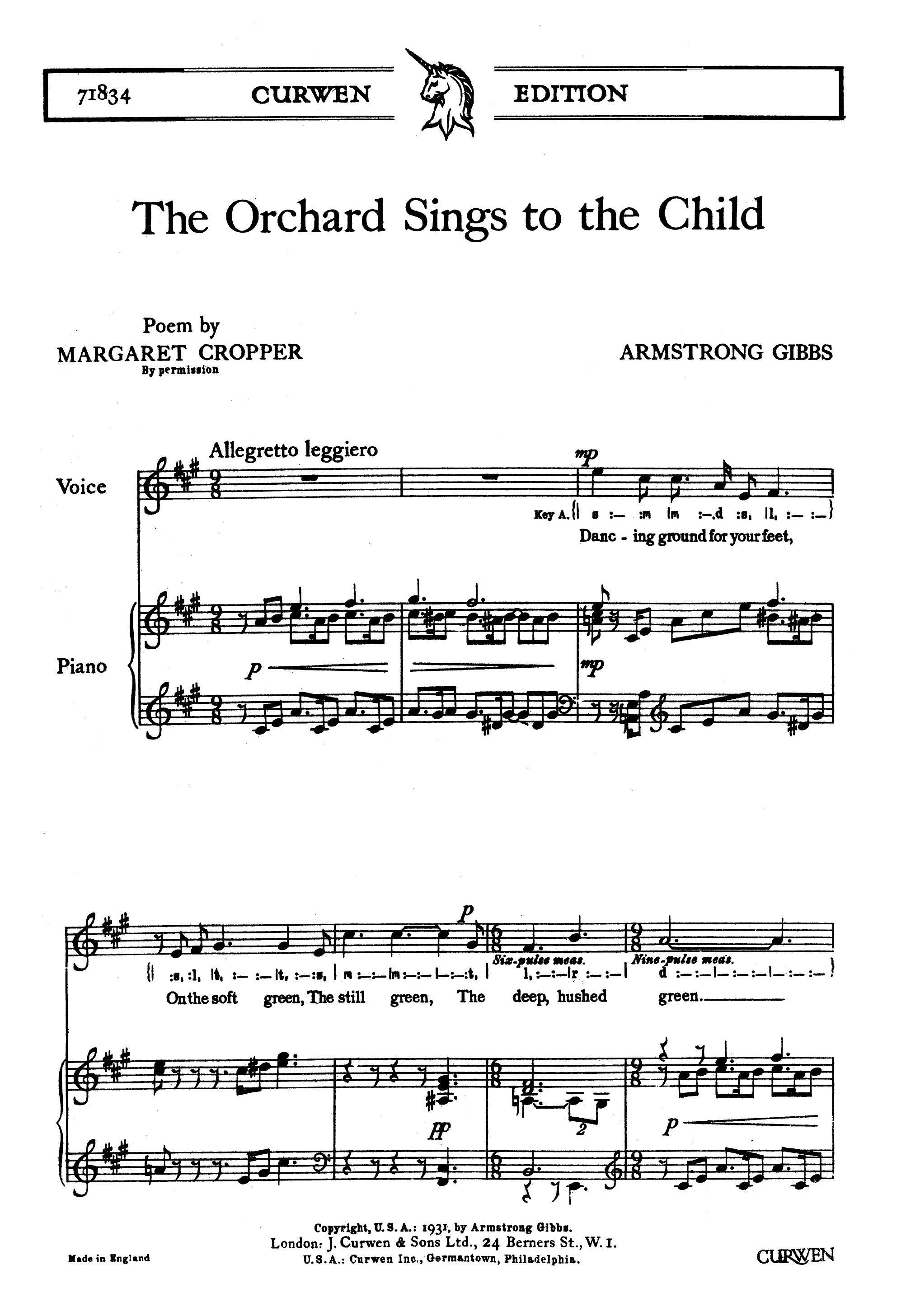 Cecil Armstrong Gibbs: The Orchard Sings To The Child: Unison Voices: Vocal