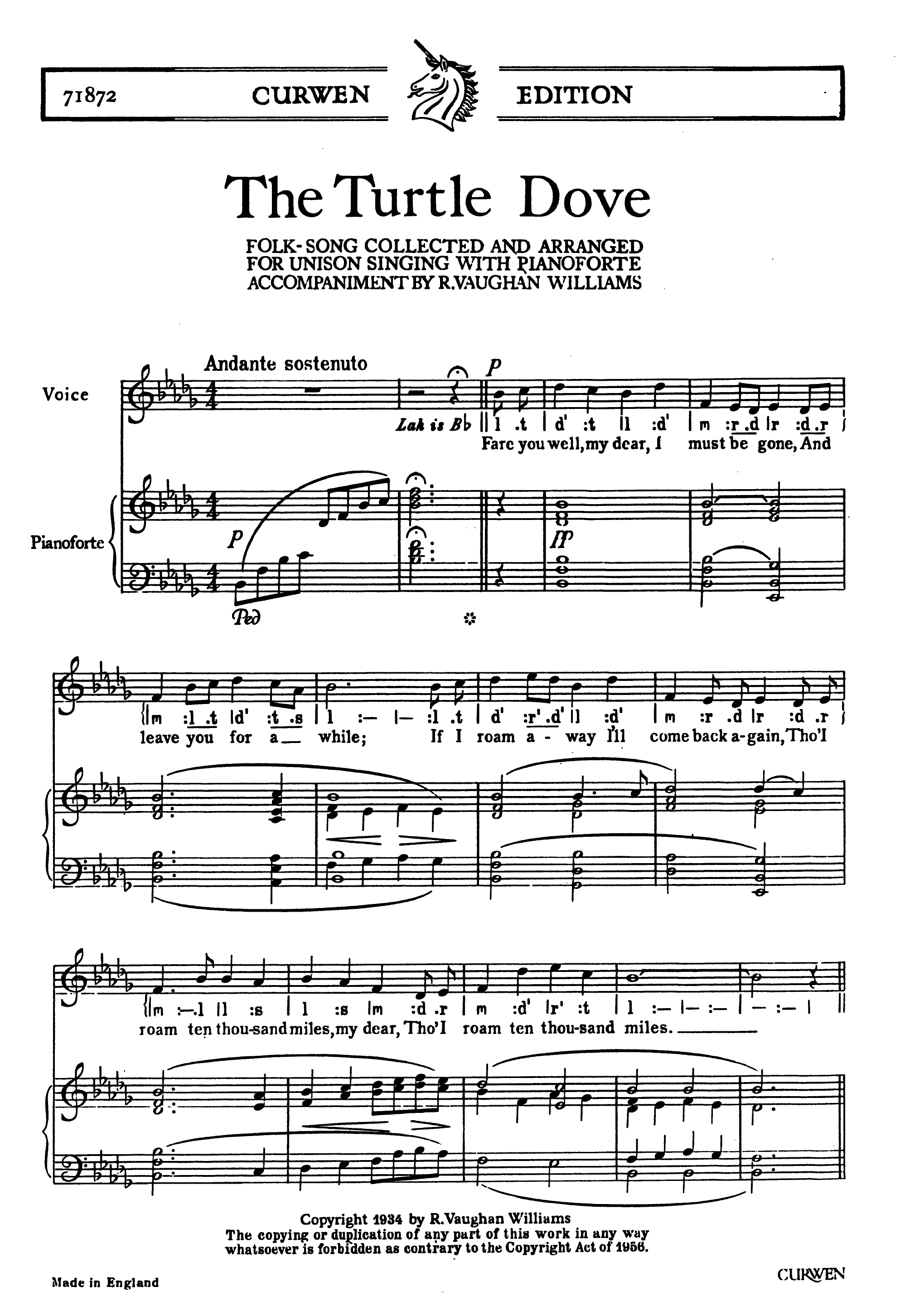 Ralph Vaughan Williams: The Turtle Dove: Unison Voices: Vocal Score
