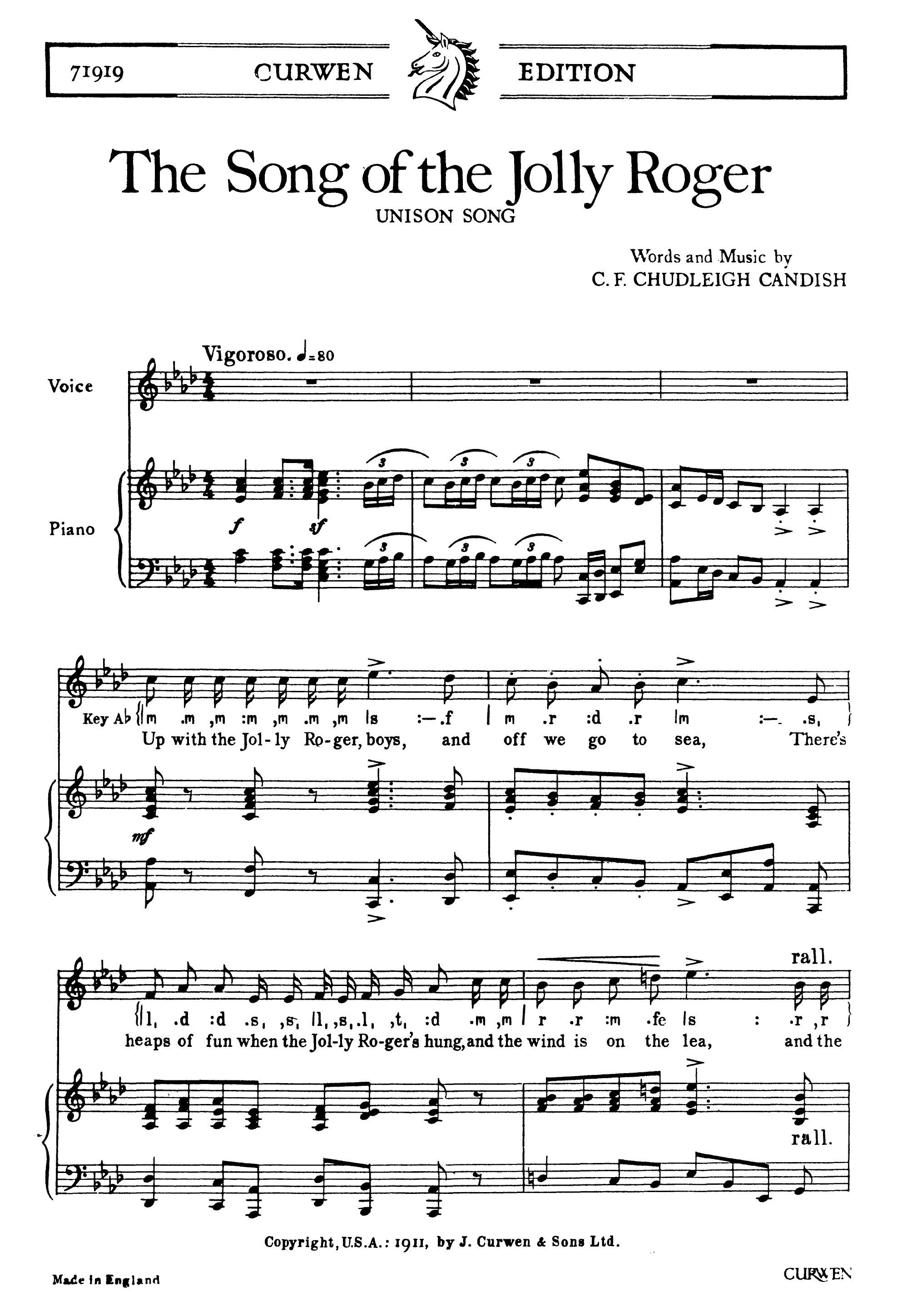 C.F. Chudleigh Candish: The Song Of The Jolly Roger: Unison Voices: Vocal Score