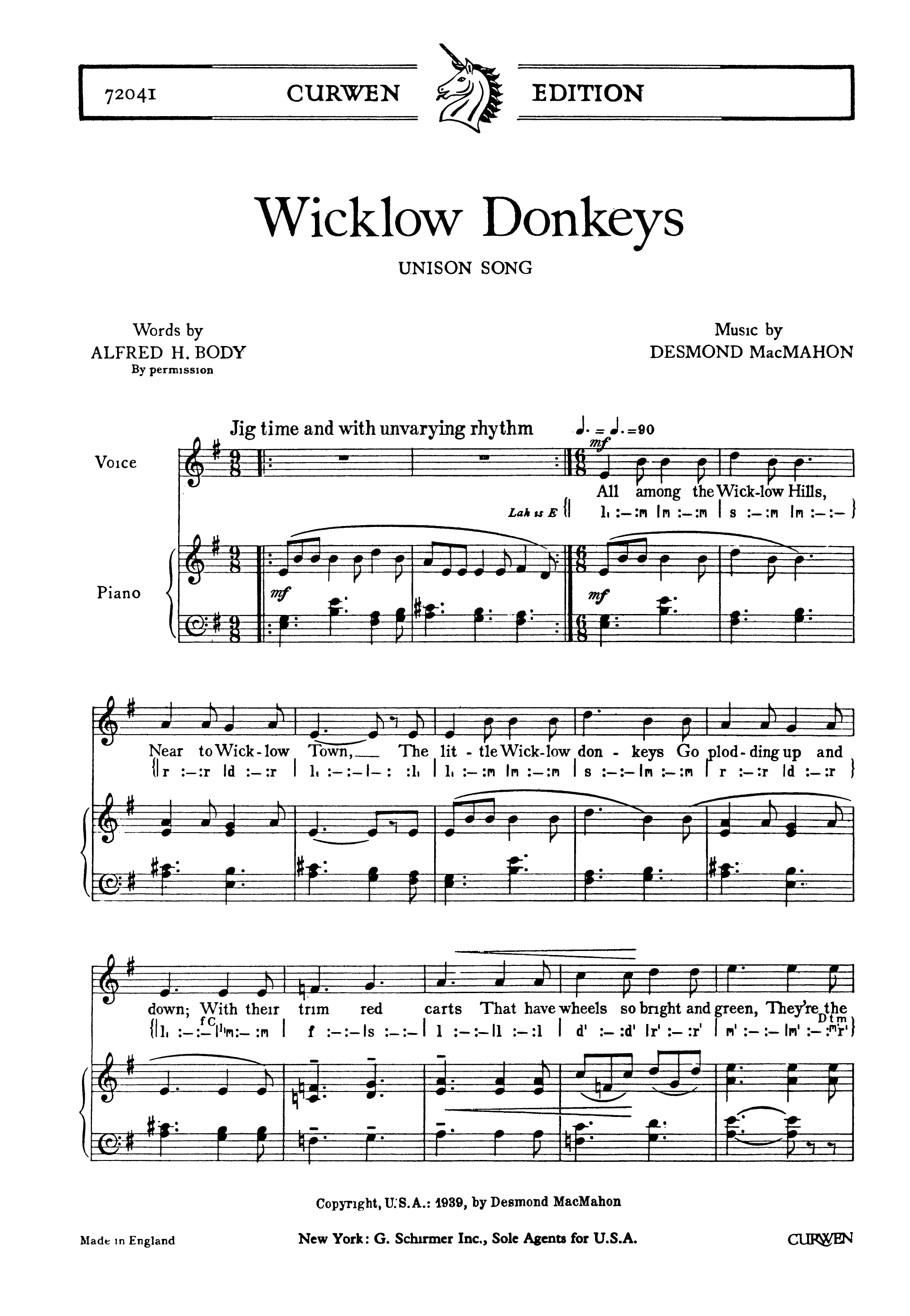 D. Macmahon: Wicklow Donkeys: Unison Voices: Vocal Score