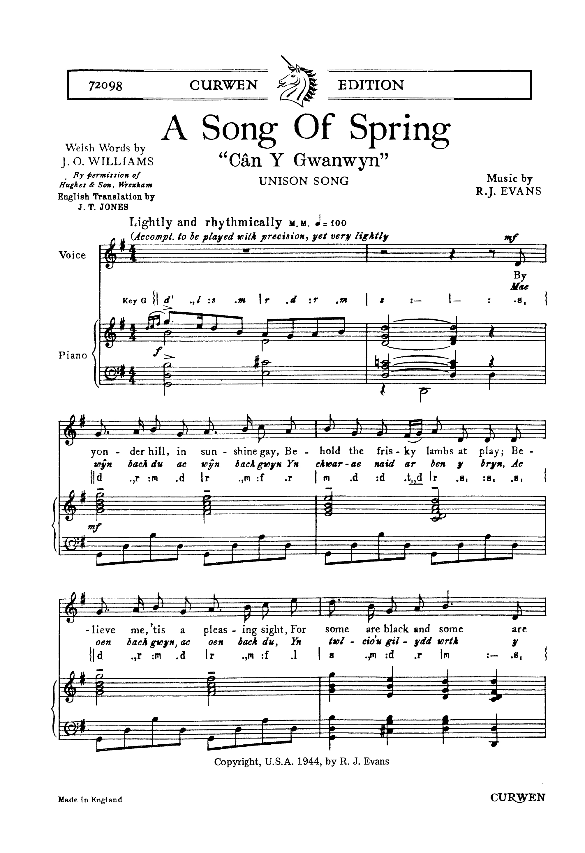 R. Evans: A Song Of Spring: Unison Voices: Vocal Score