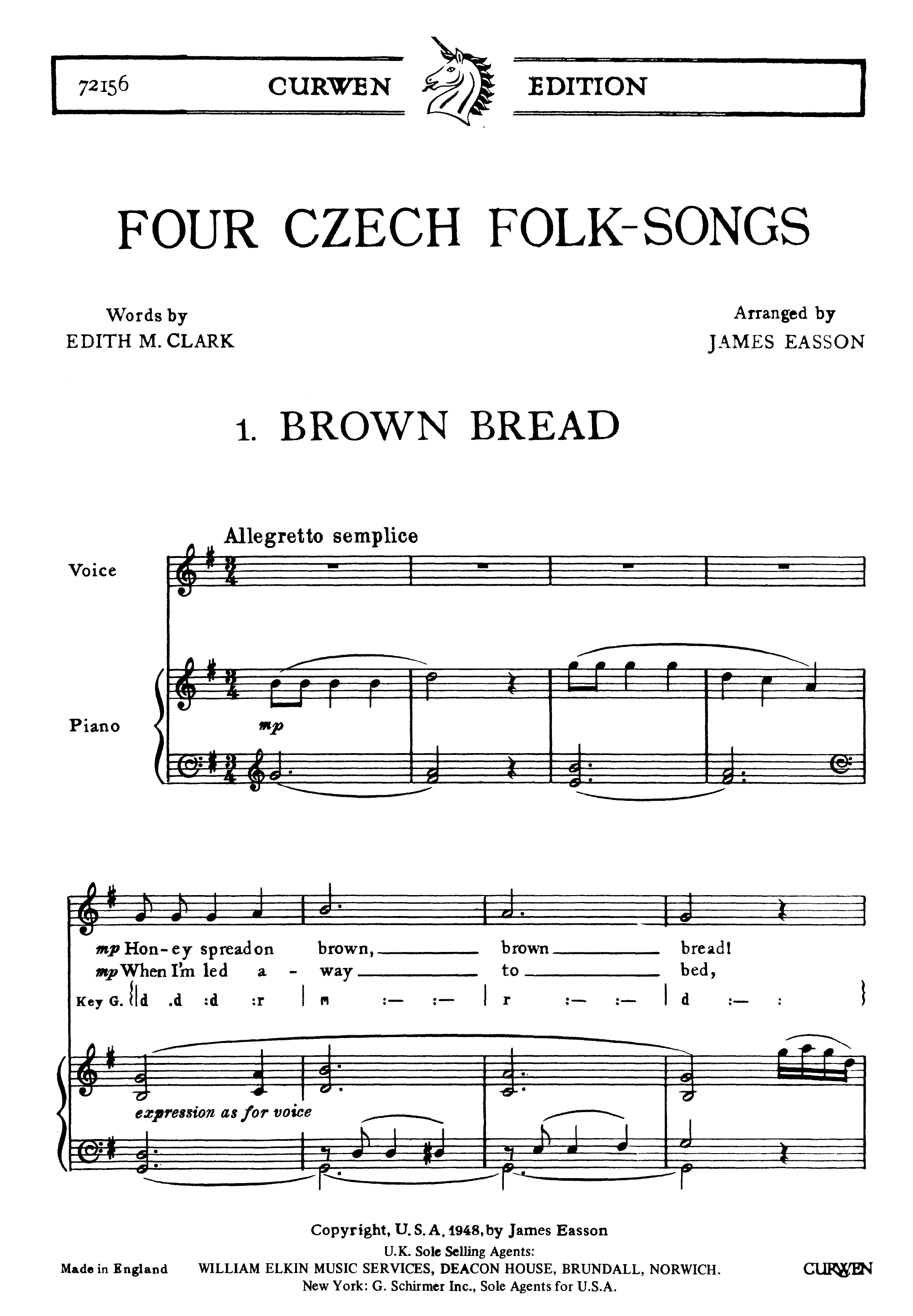 J. Easson: Four Czech Folksongs: Unison Voices: Vocal Score