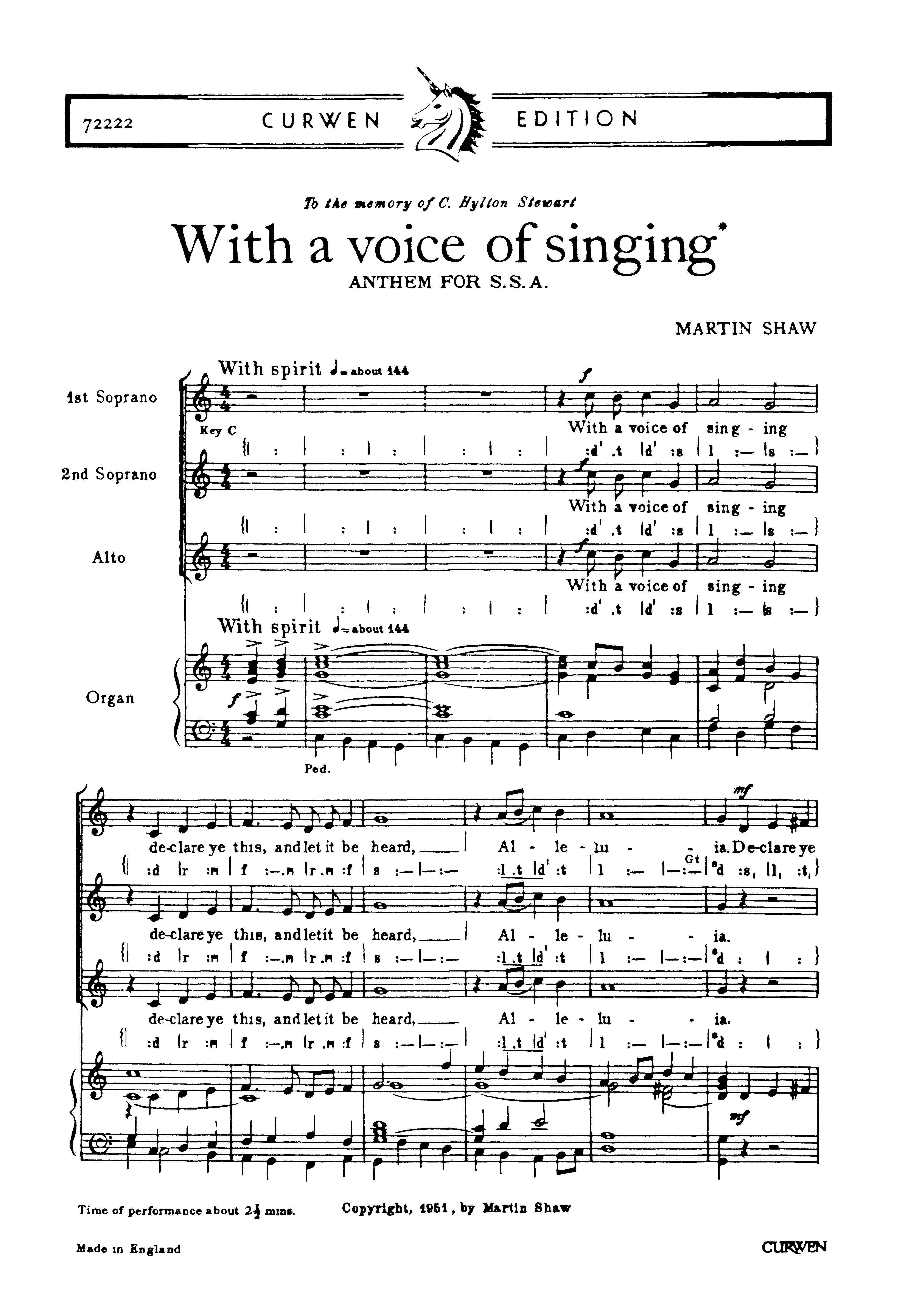 Martin Shaw: With A Voice Of Singing: SSA: Vocal Score