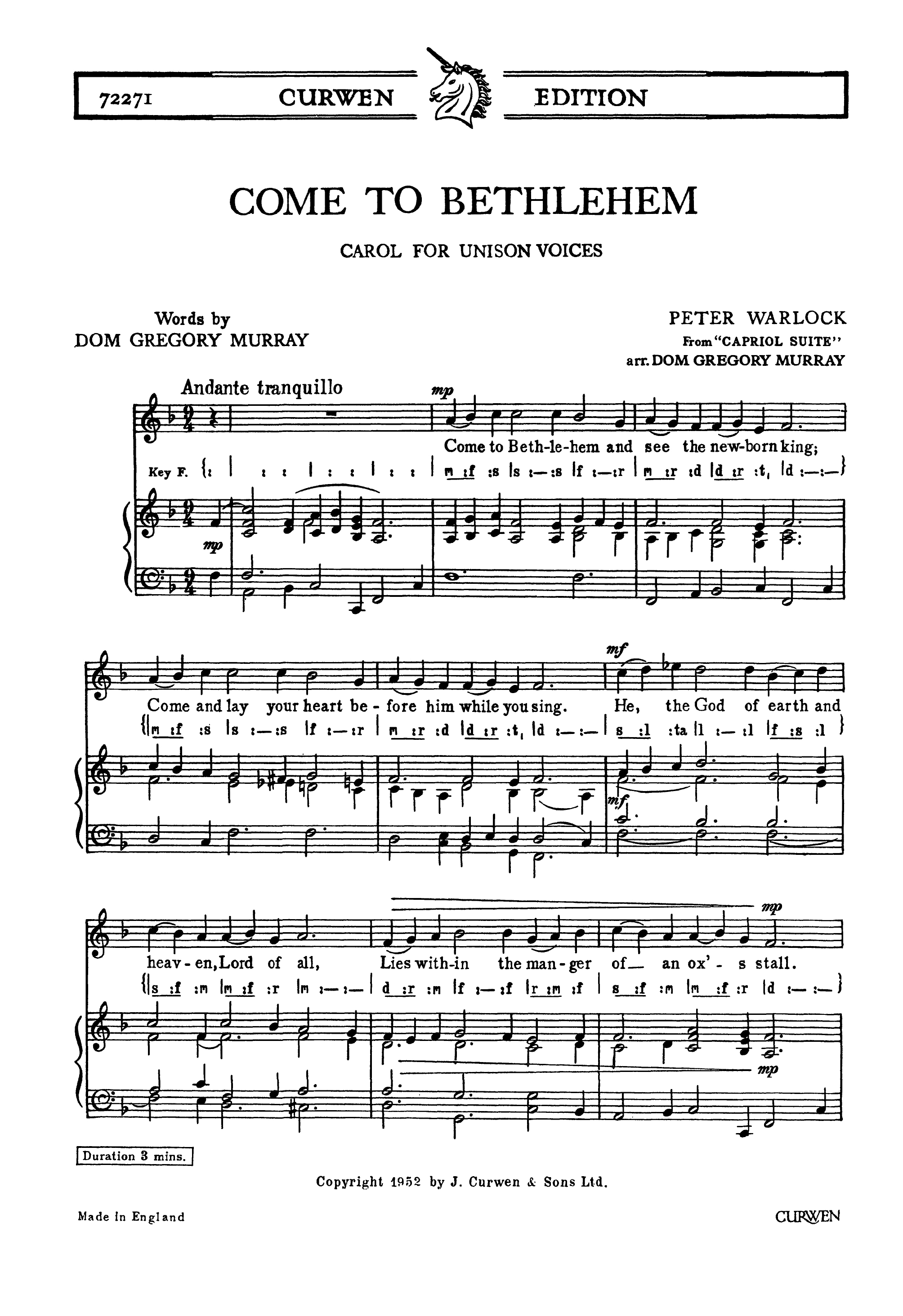 Peter Warlock: Come To Bethlehem: Unison Voices: Vocal Score