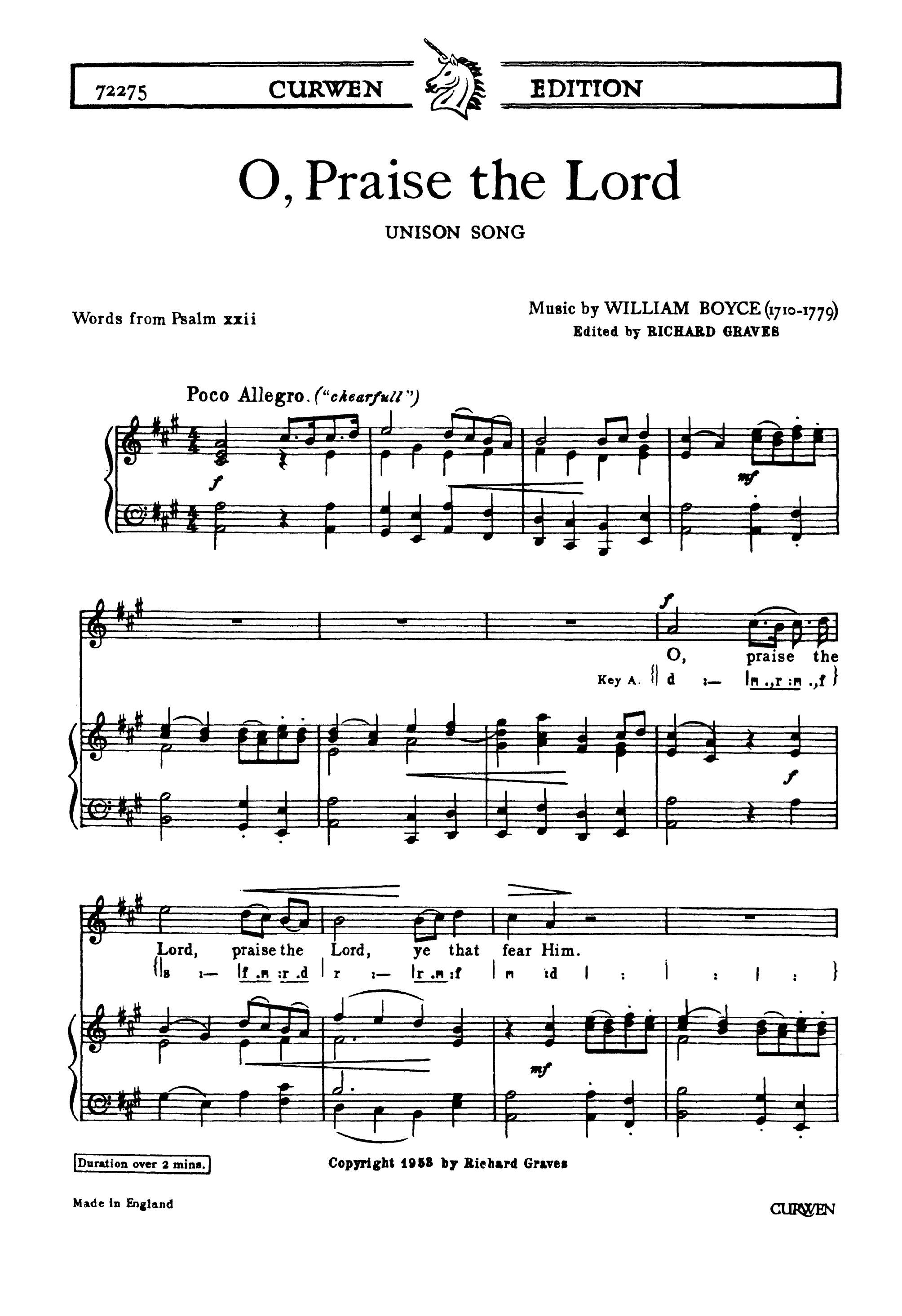 William Boyce: O Praise The Lord: Unison Voices: Vocal Score