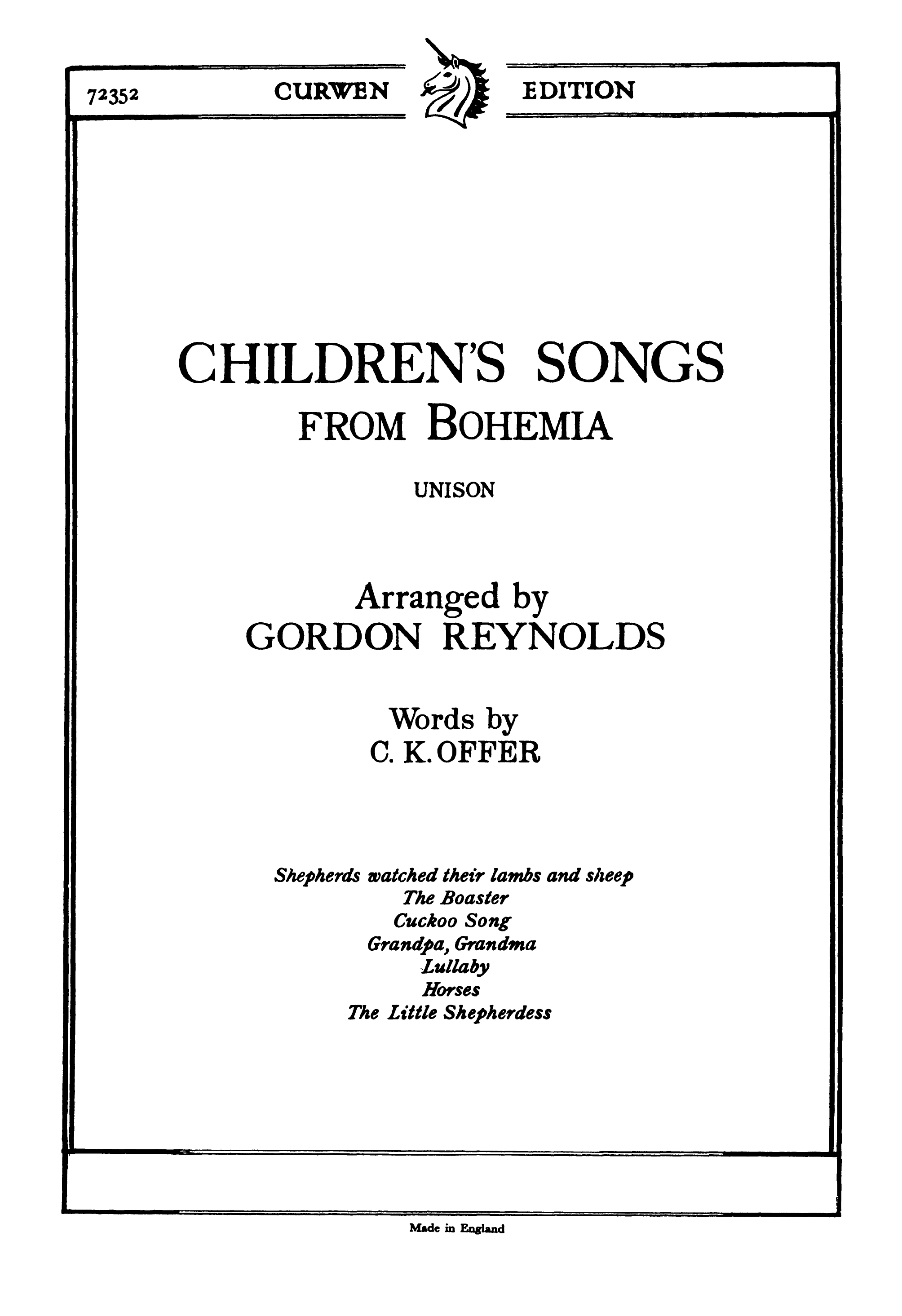 G. Reynolds: Childrens Songs From Bohemia: Unison Voices: Vocal Score