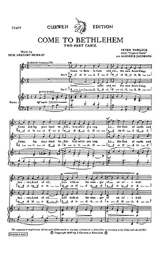 Peter Warlock: Come To Bethlehem: 2-Part Choir: Vocal Score