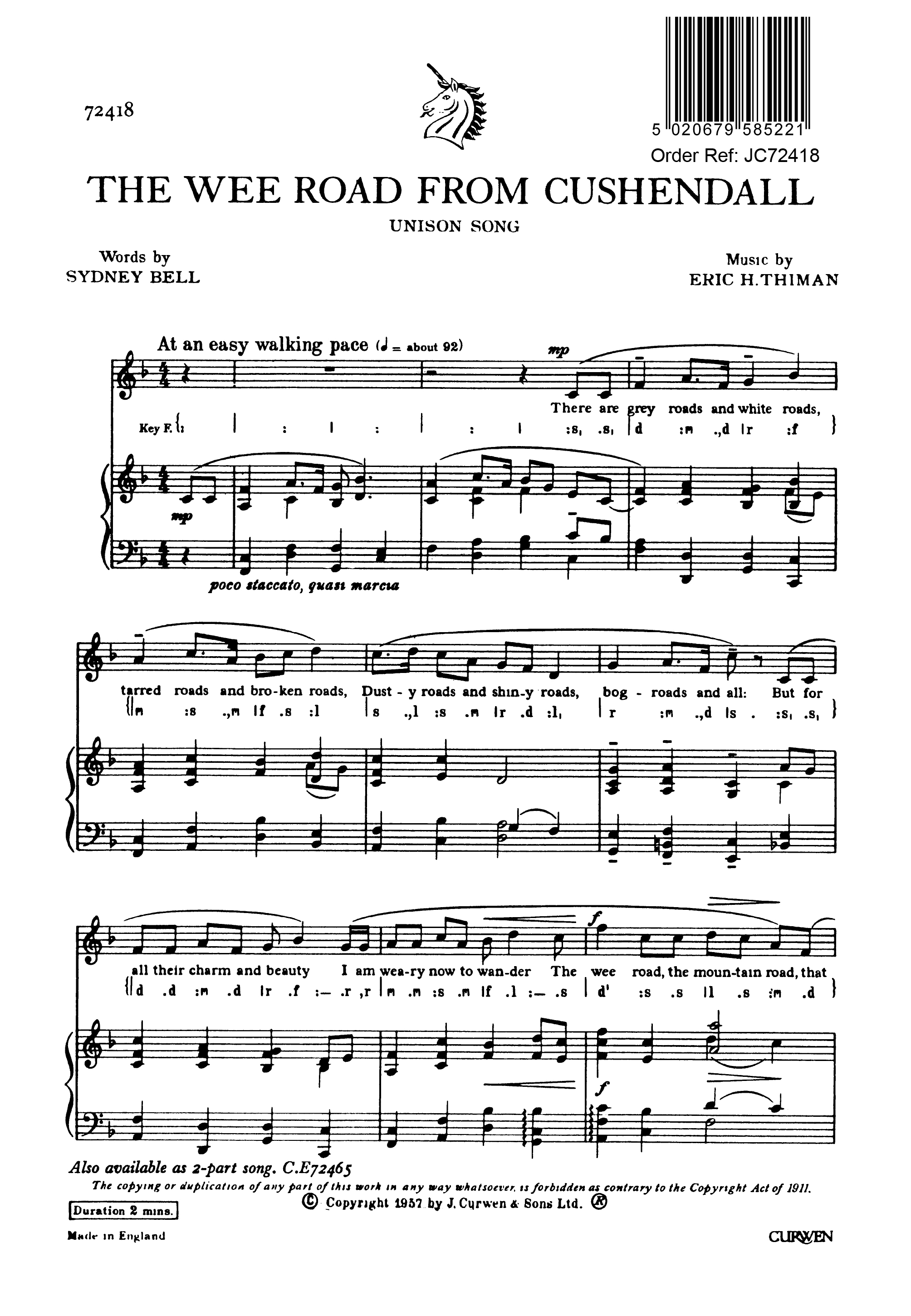 Eric Thiman: The Wee Road From Cushendall: Unison Voices: Vocal Score