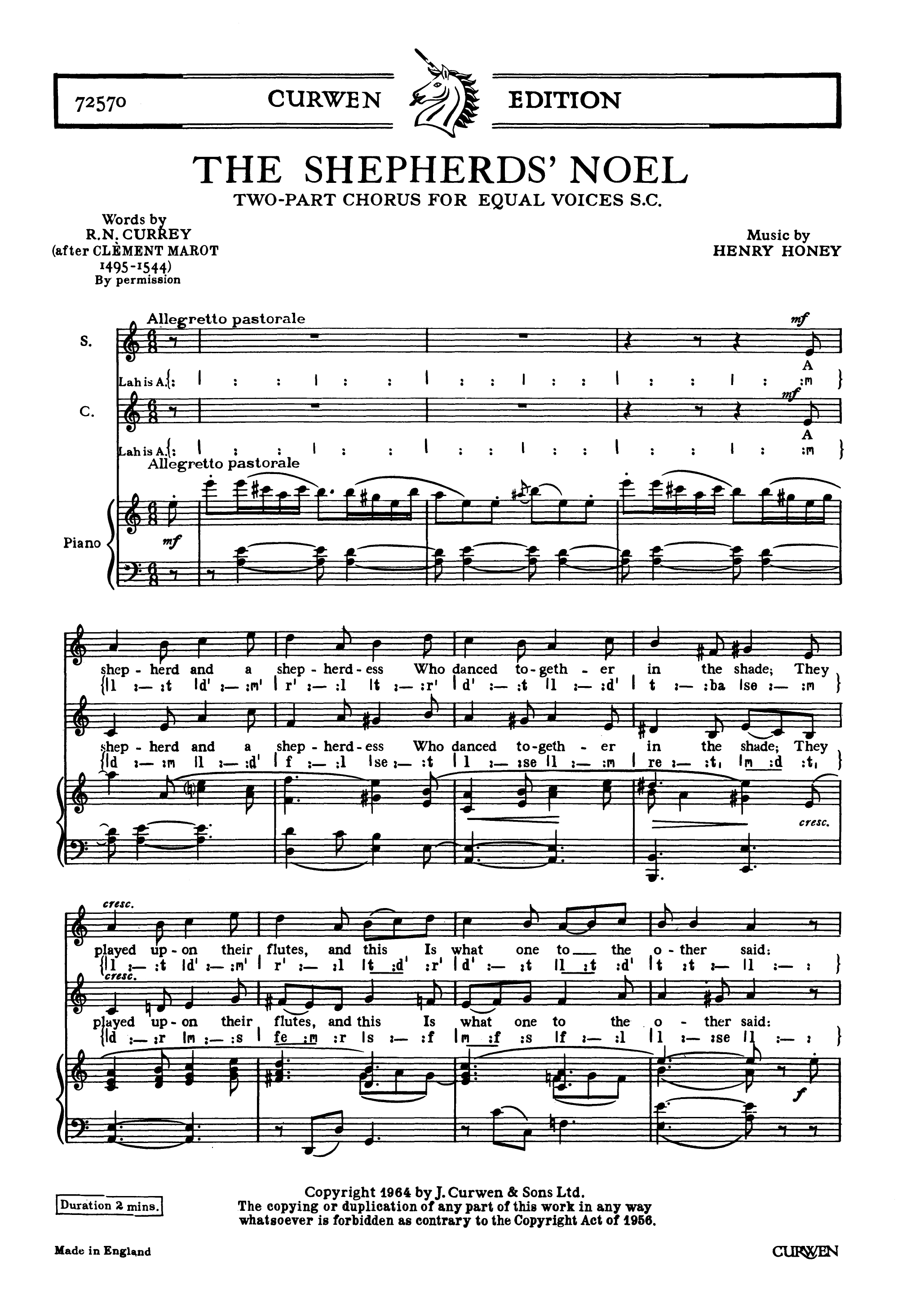 H. Honey: The Shepherds' Noel: 2-Part Choir