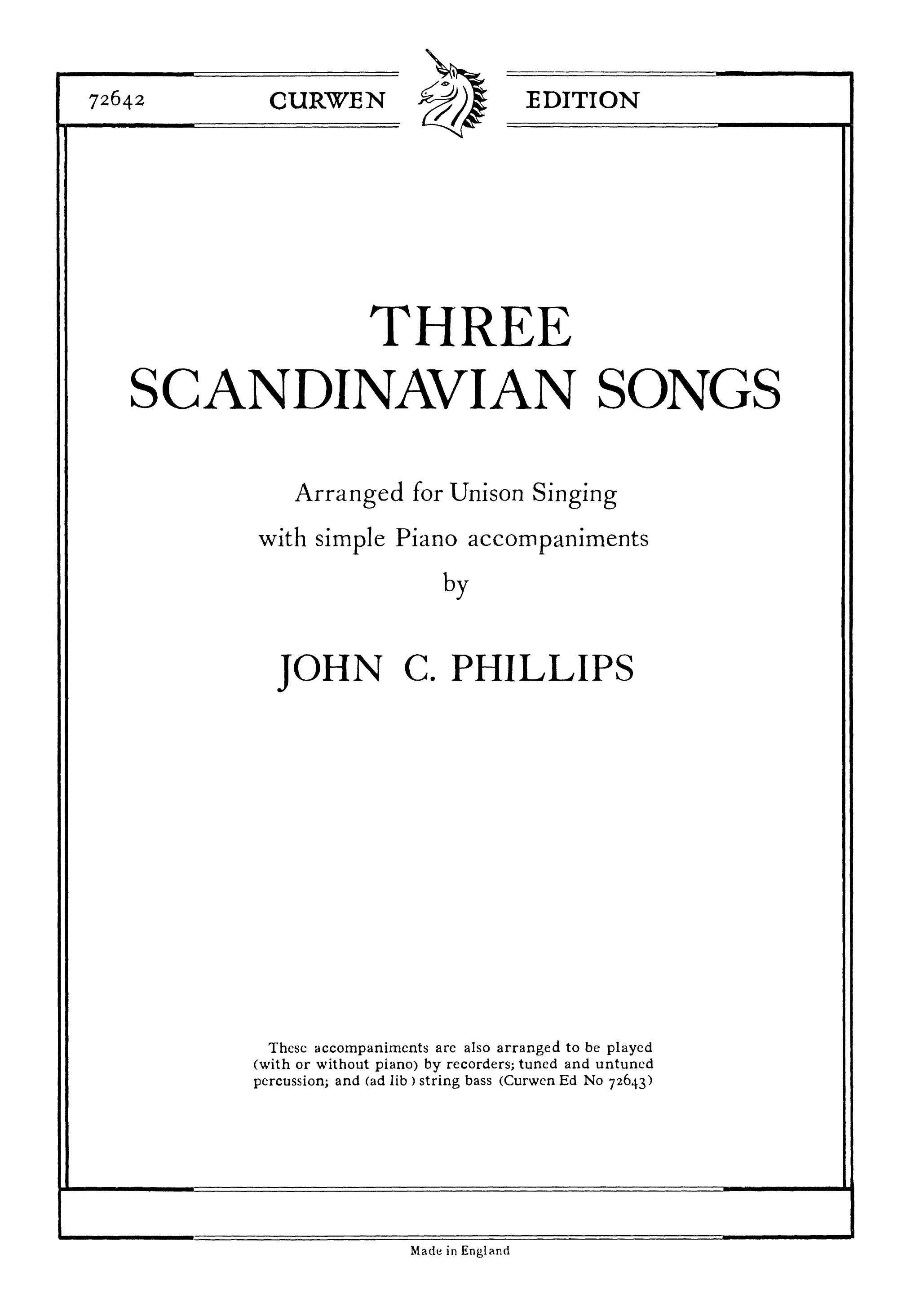 J. Phillips: 3 Scandinavian Songs: Unison Voices: Vocal Score