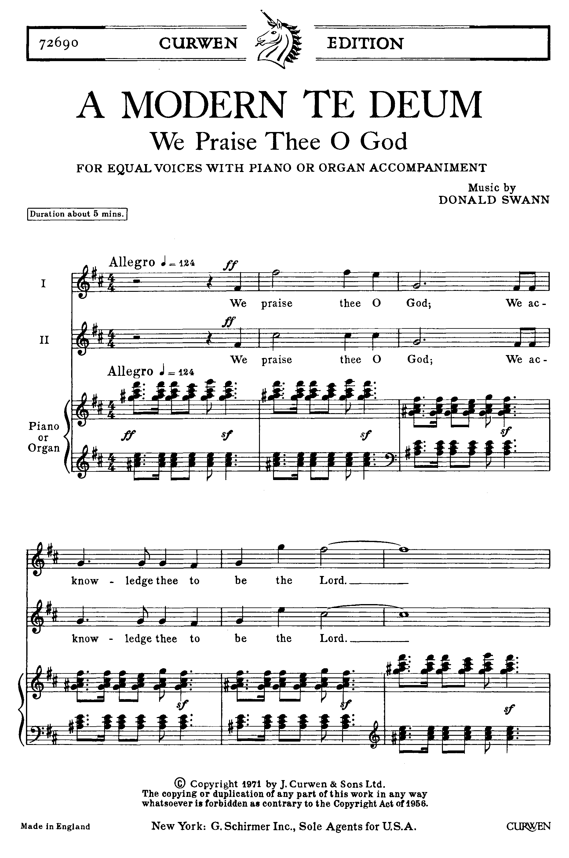 Donald Swann: A Modern Te Deum: 2-Part Choir: Vocal Score