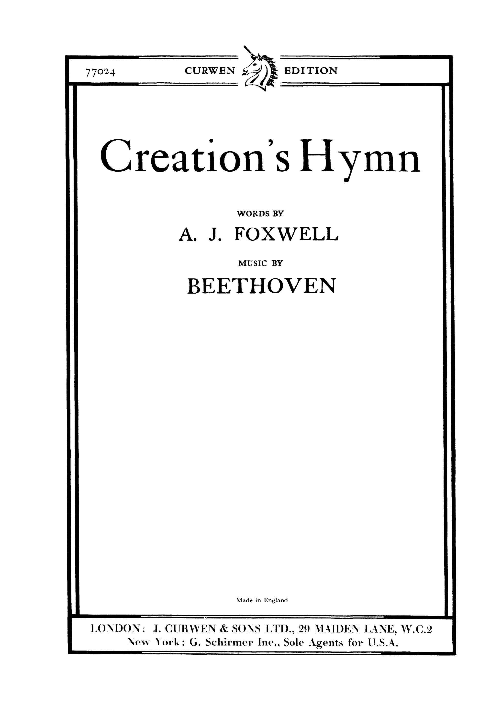 Ludwig van Beethoven: Creations Hymn: Unison Voices: Vocal Score