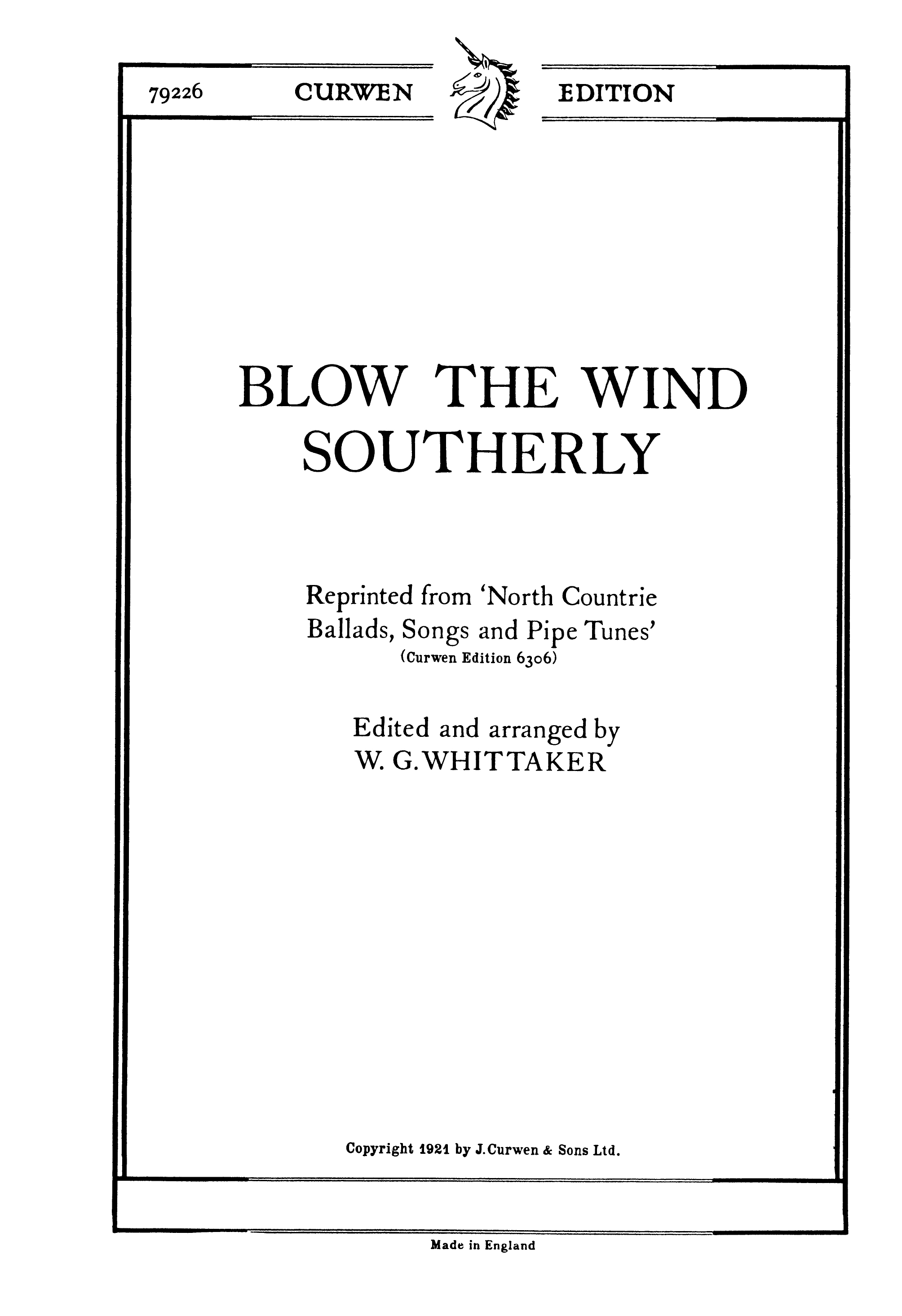 William Gillies Whittaker: Blow The Wind Southerly: Unison Voices: Vocal Score