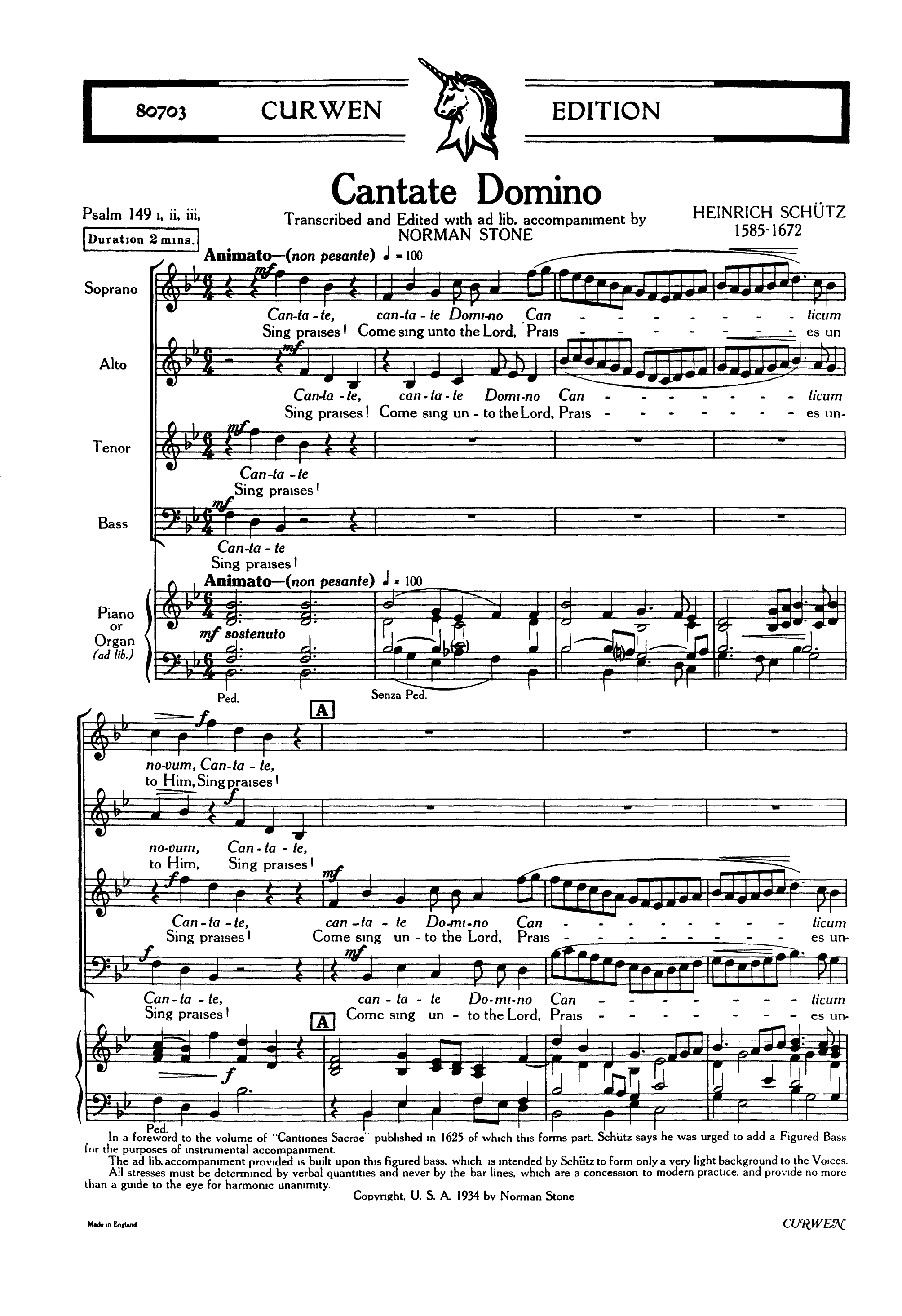 Heinrich Schtz: Cantate Domino: SATB: Vocal Score