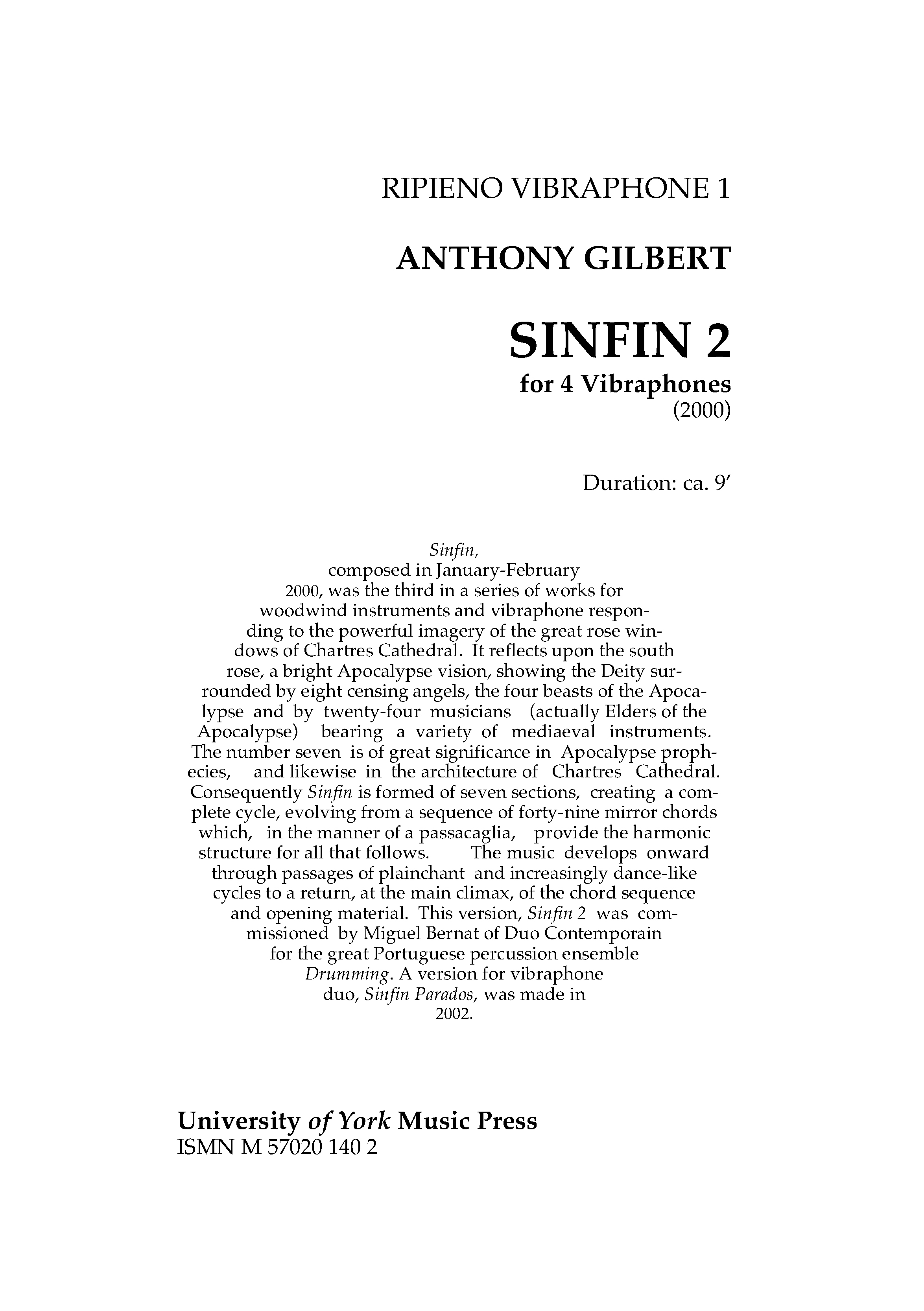 Anthony Gilbert: Sinfin 2: Vibraphone: Parts